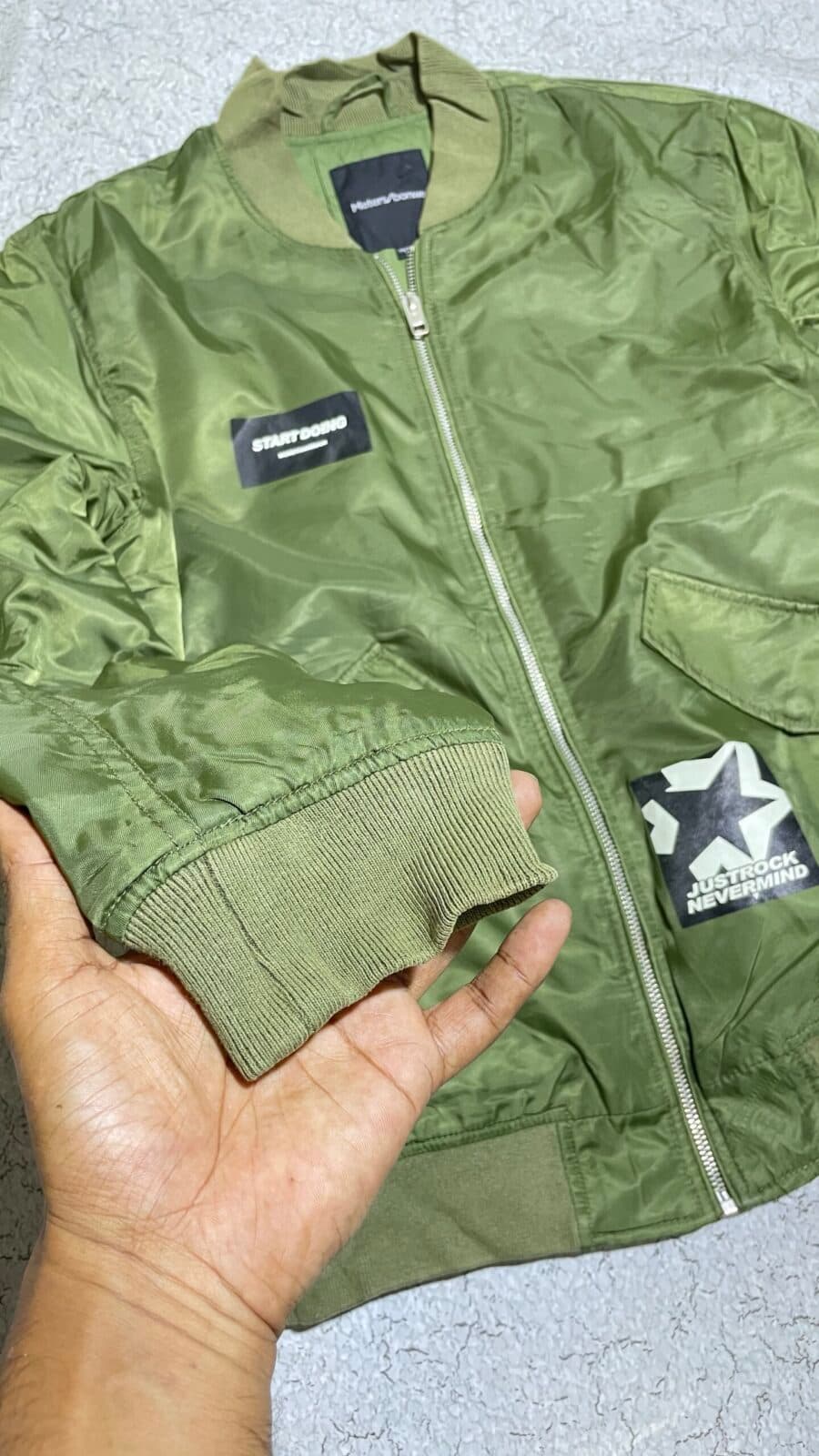 Branded thrift bomber jacket India detail view