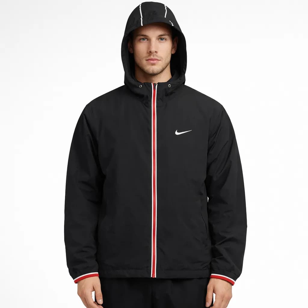 Nike Black Hooded Windbreaker Red White Jacket Xl