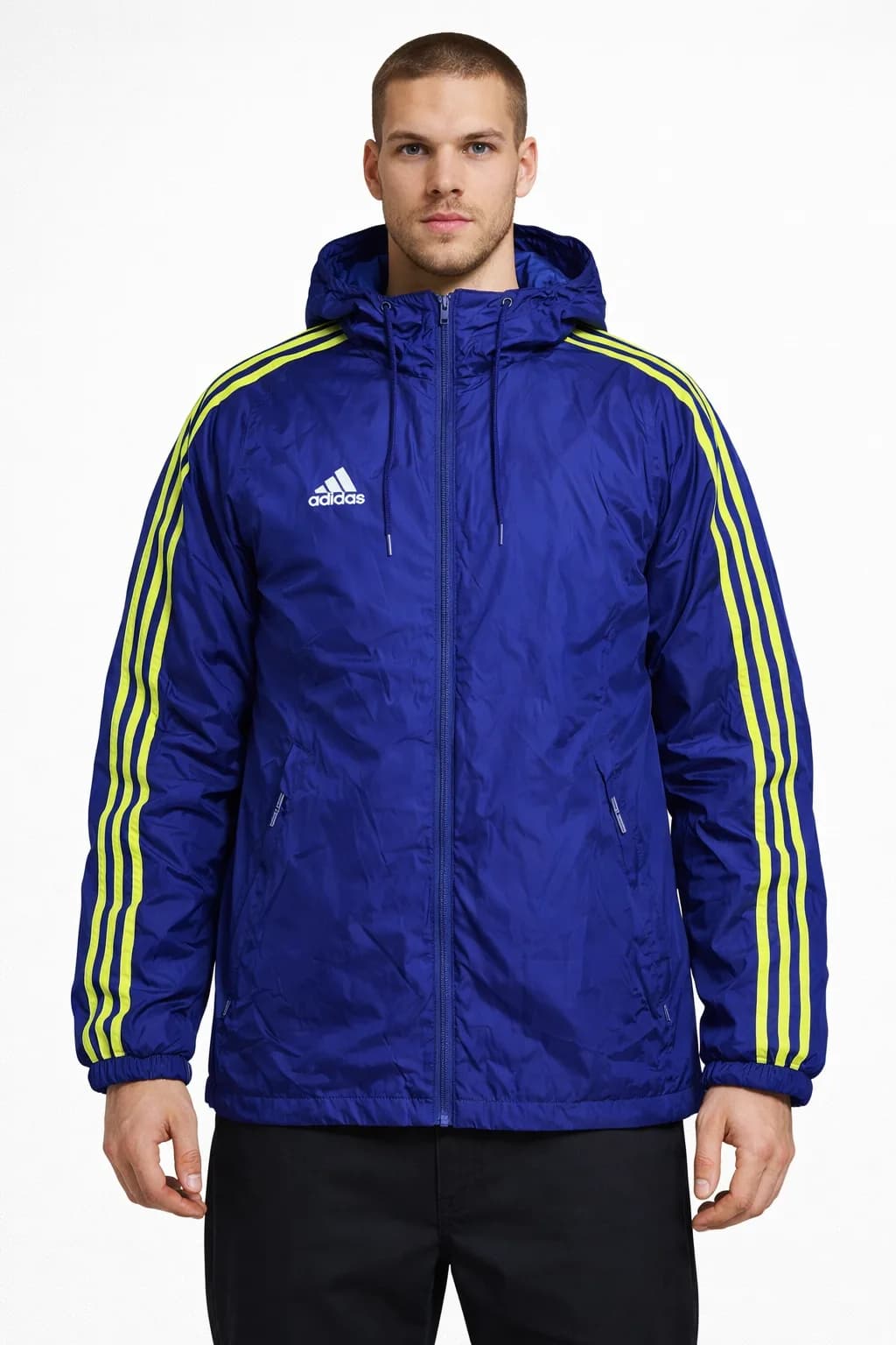 Adidas Blue Hooded Windbreaker Jacket Neon Green 3-Stripes  M