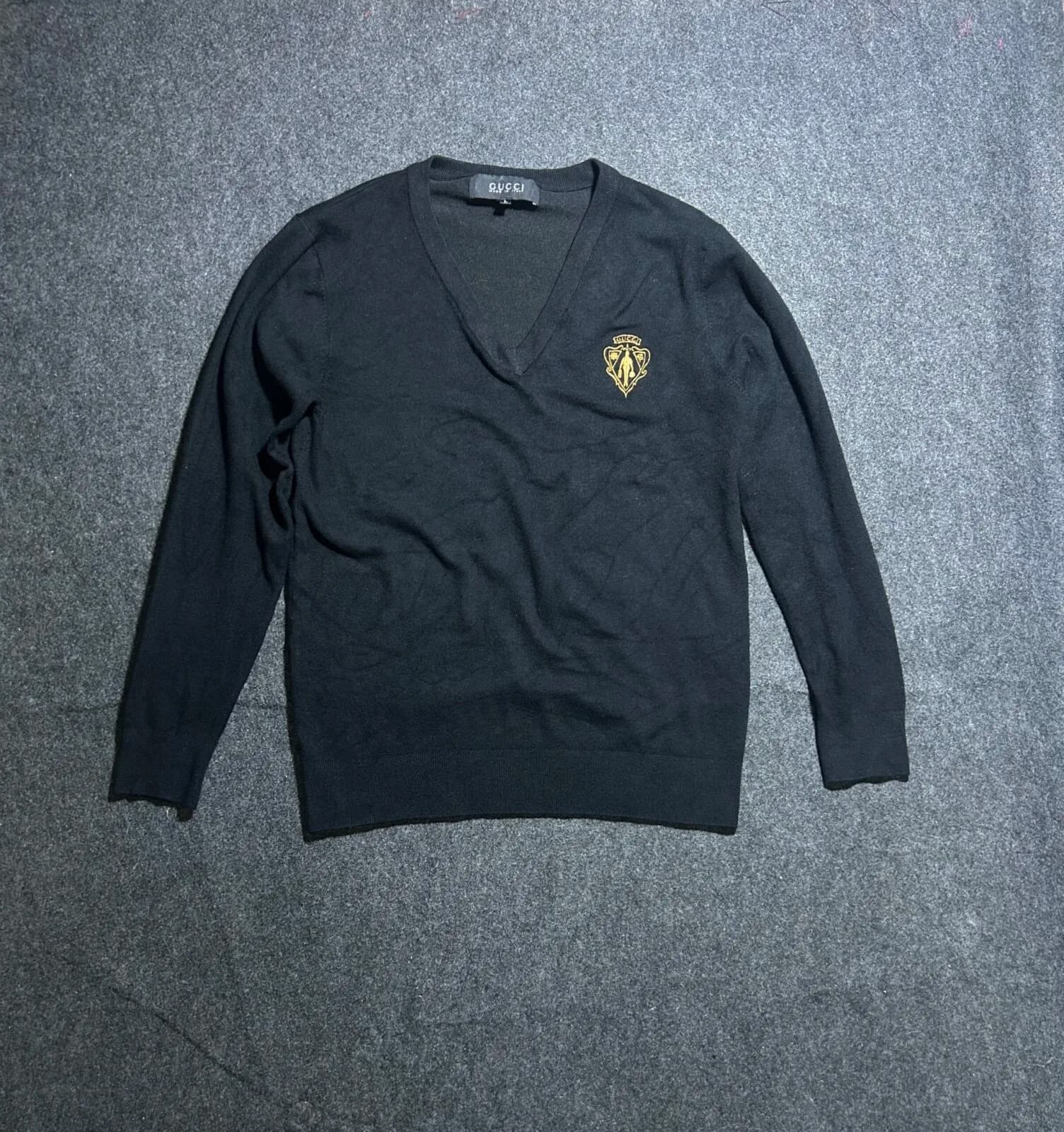 Black V-Neck Designer Knit Sweater | Luxury Style | Size L