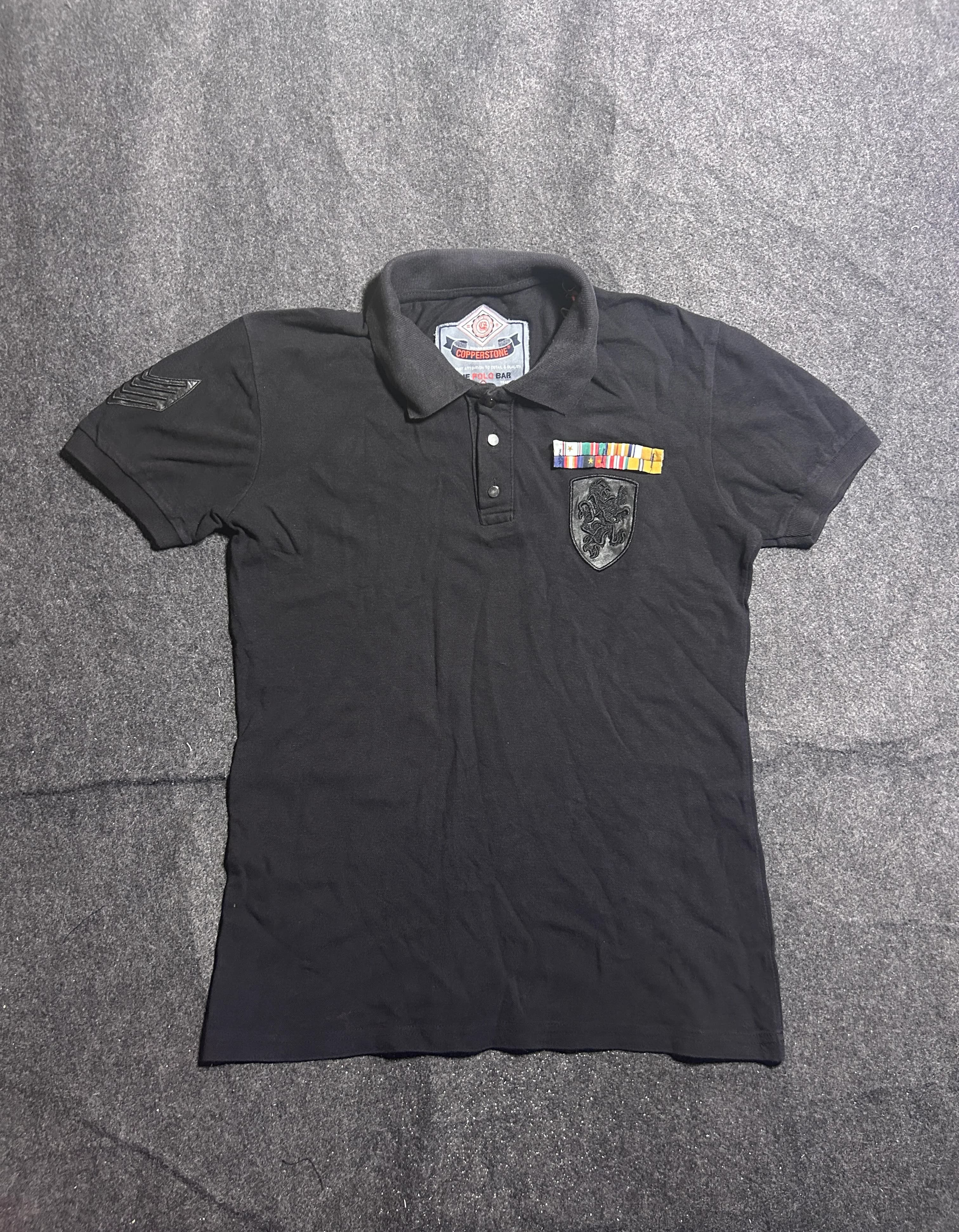Copperstone Black Military Patch Polo Shirt Cotton Slim Fit | L