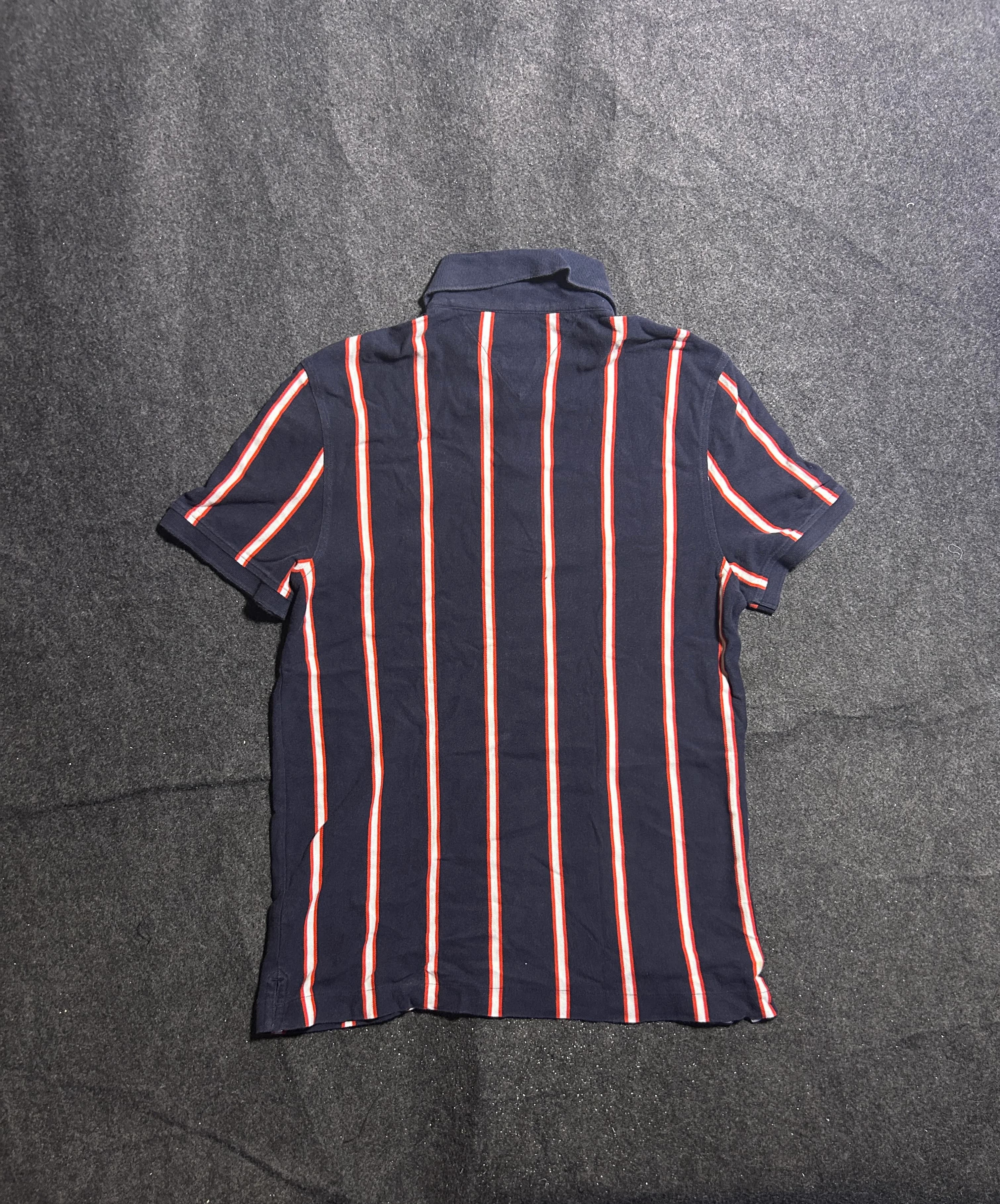 Tommy Hilfiger Men’s Navy Blue Red Stripe Polo Shirt | Custom Fit Cotton| M