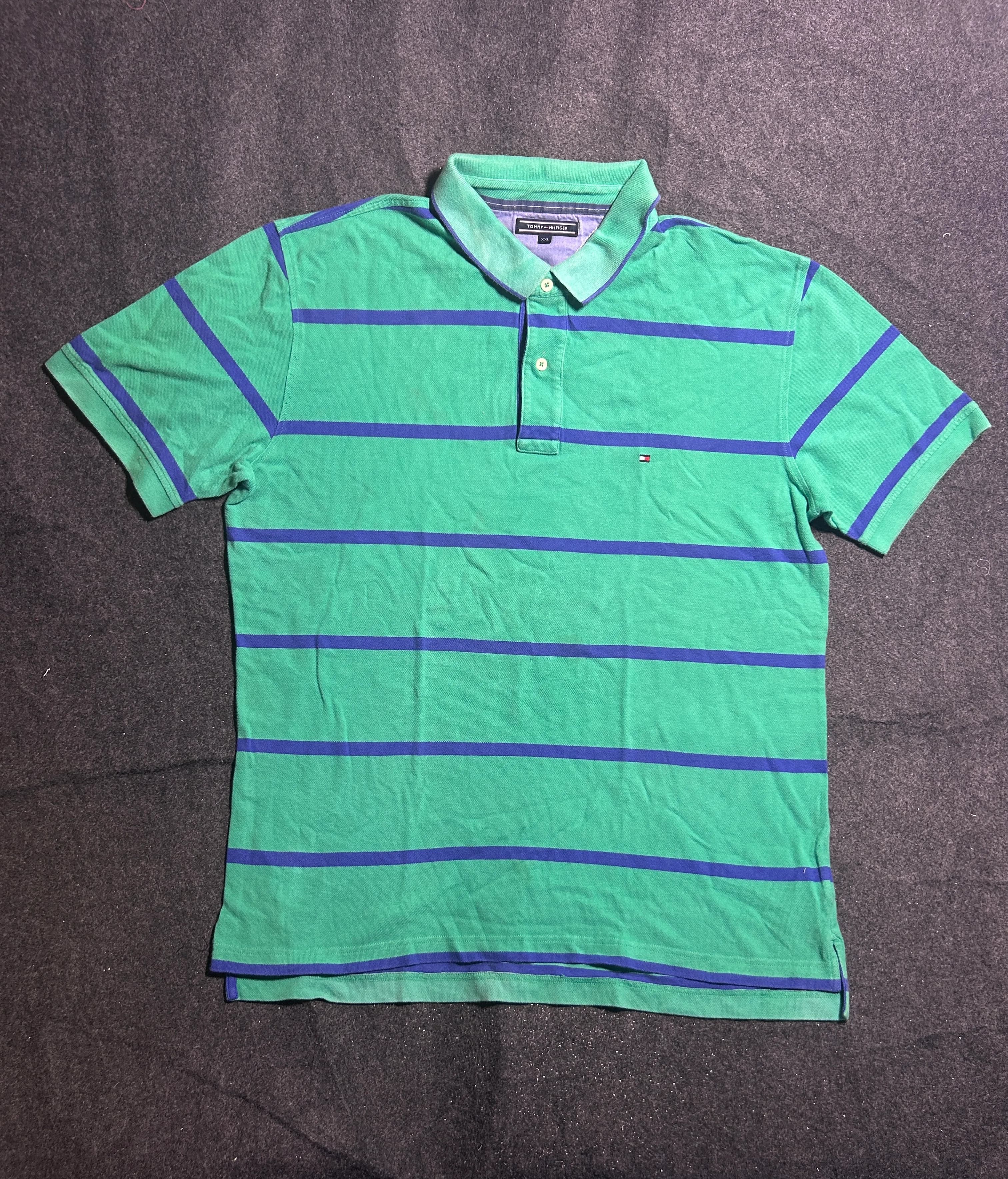 Tommy Hilfiger Green & Blue Striped Cotton Polo Tshirt | XXL