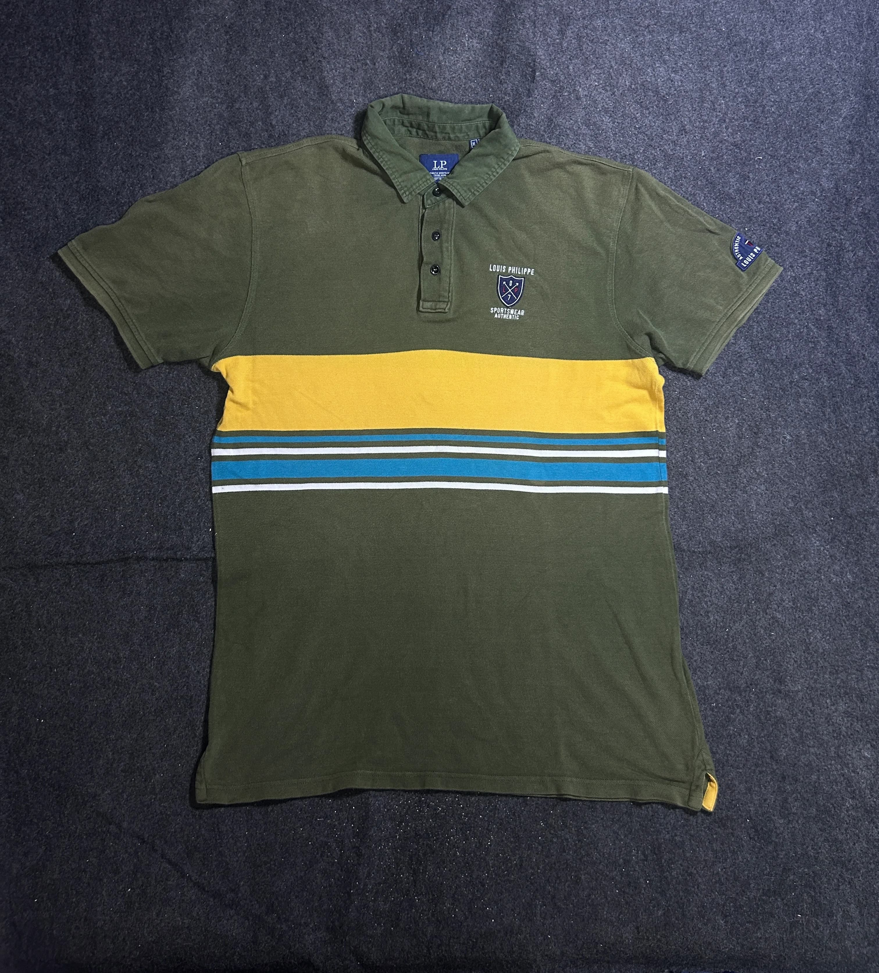 Louis Philippe Men’s Olive Green Colorblock Polo Shirt | Striped Detail | 100% Cotton | XL