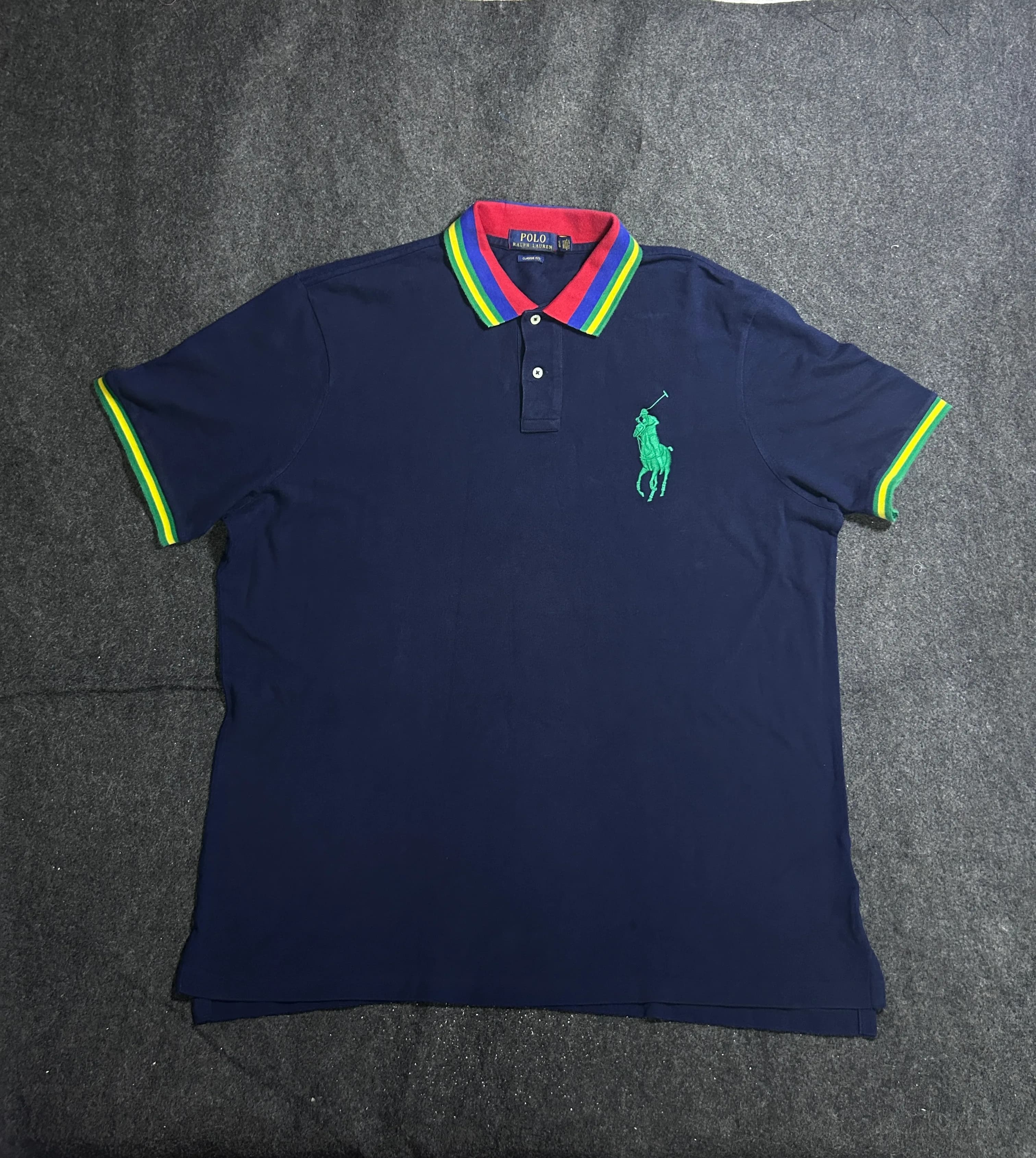 Polo Ralph Lauren Men’s Navy Blue Classic Fit Polo Shirt | Multicolor Collar & Sleeve Trim | XXL