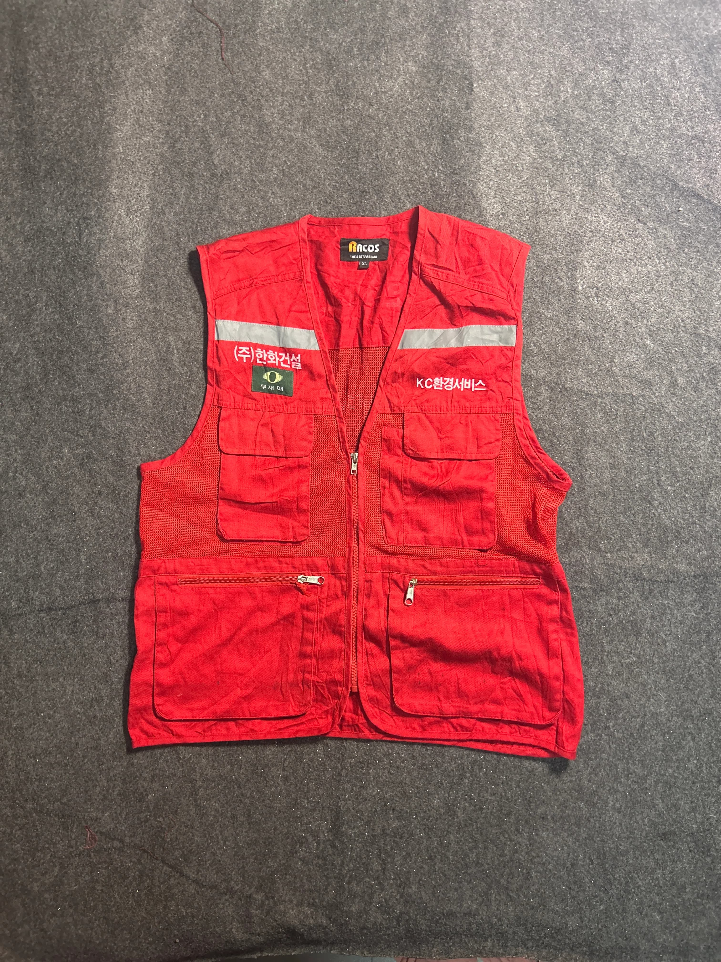 RACOS Korean Utility Work Vest – Red Multi-Pocket Reflective Mesh Vest | M thrift clothing India