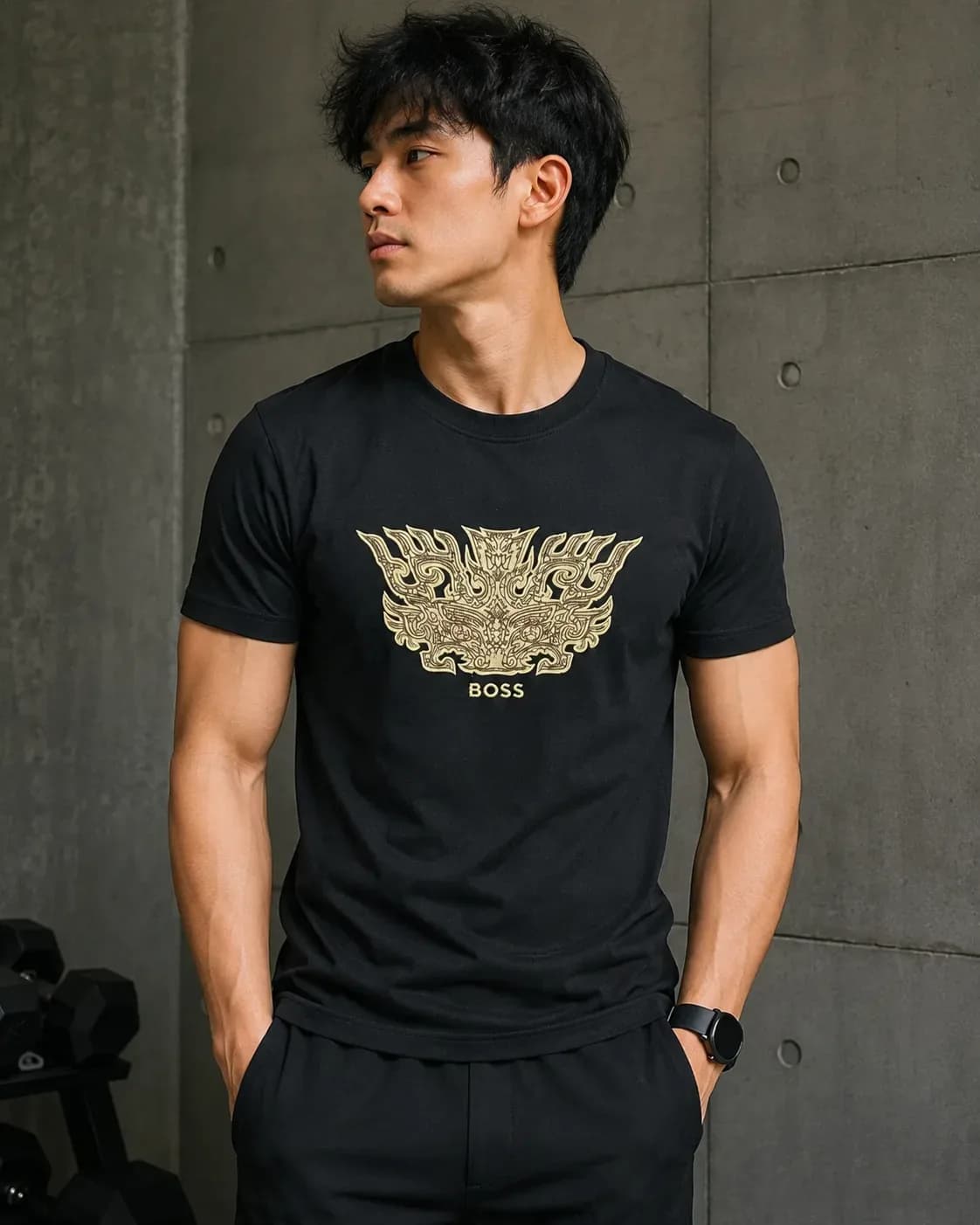 Hugo Boss Embroidered Graphic T-Shirt Black Premium Cotton | L