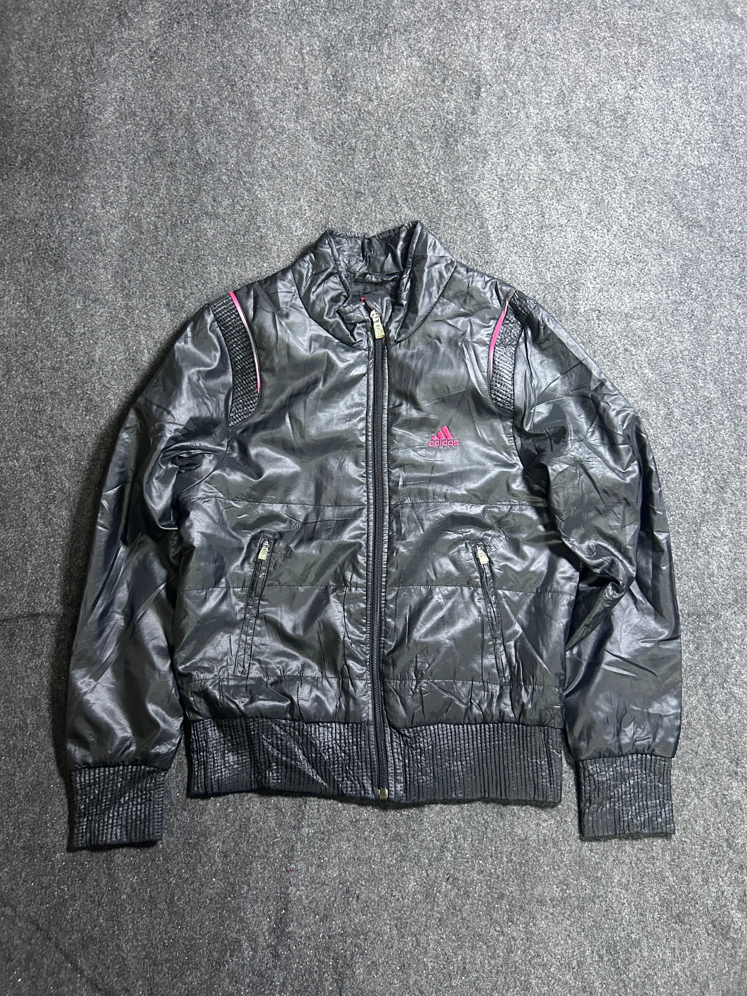 Vintage Adidas Black Shiny Puffer Jacket with Pink Details – S
