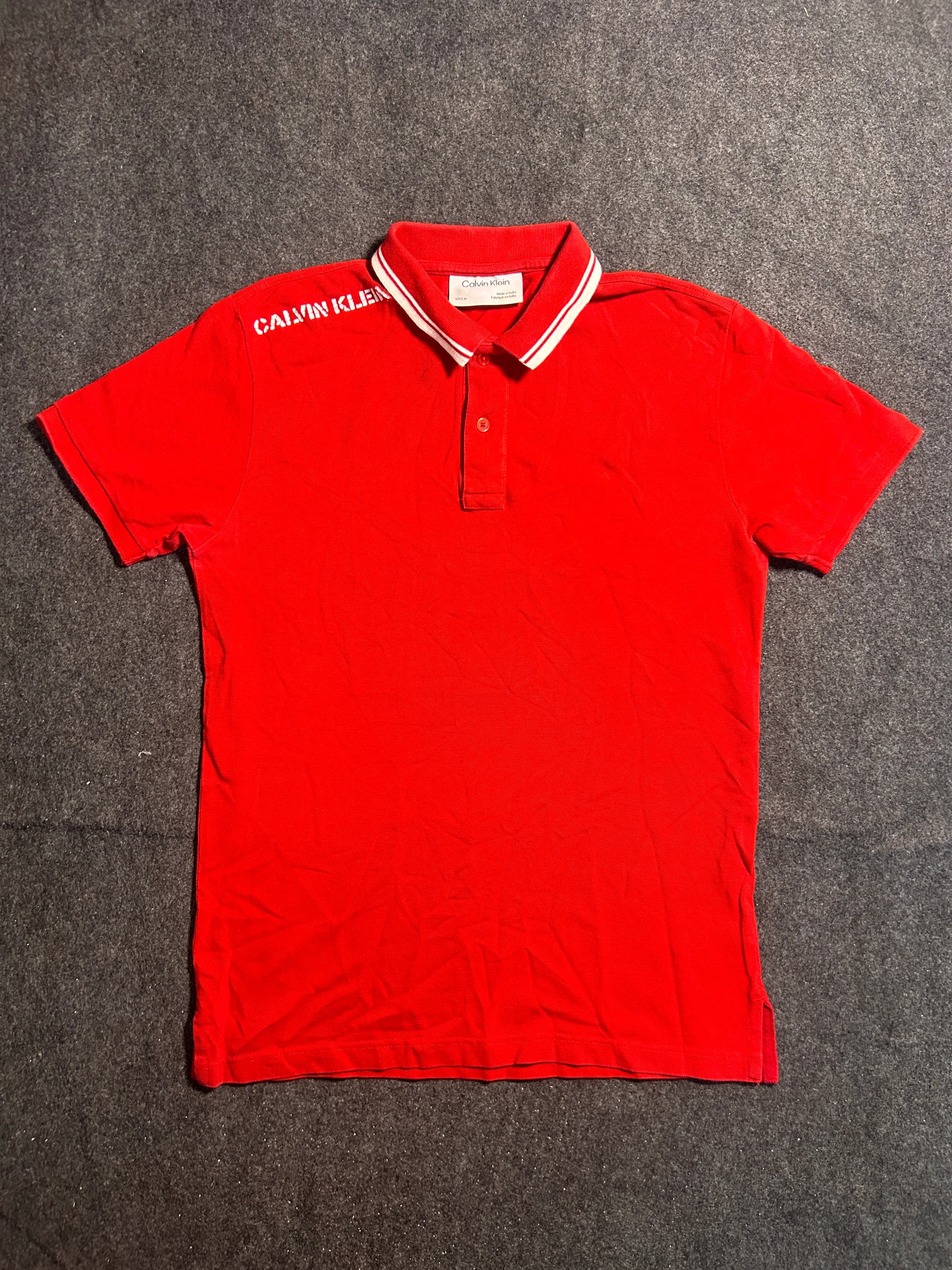 Calvin Klein Men’s Red Logo Polo T-Shirt – White Stripe Collar