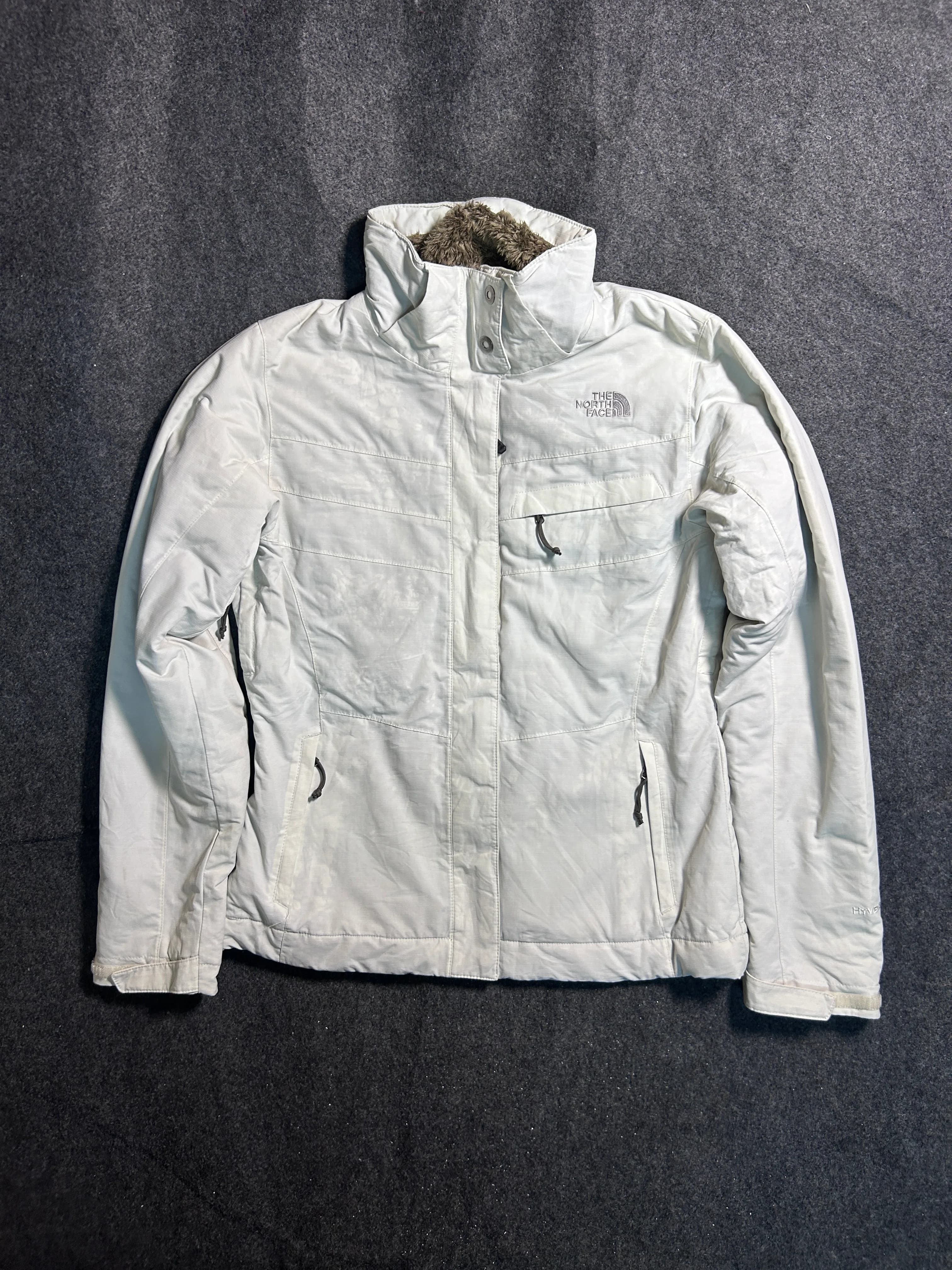 The North Face Women's HyVent Winter Jacket Light Cream Faux Fur Lined Detachable Hood M