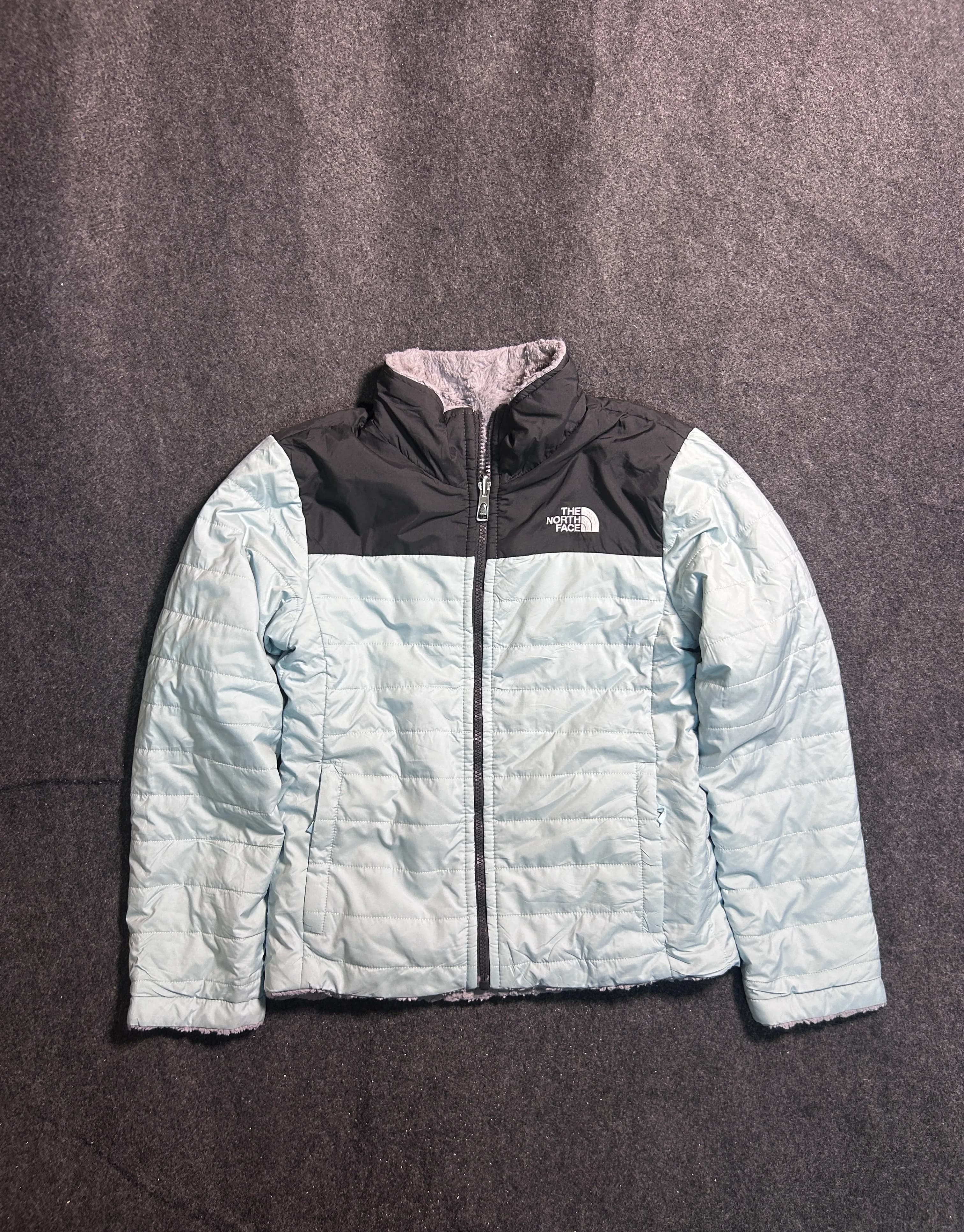 The North Face Girls Reversible Insulated Puffer Jacket Light Blue Grey Fleece Size XS