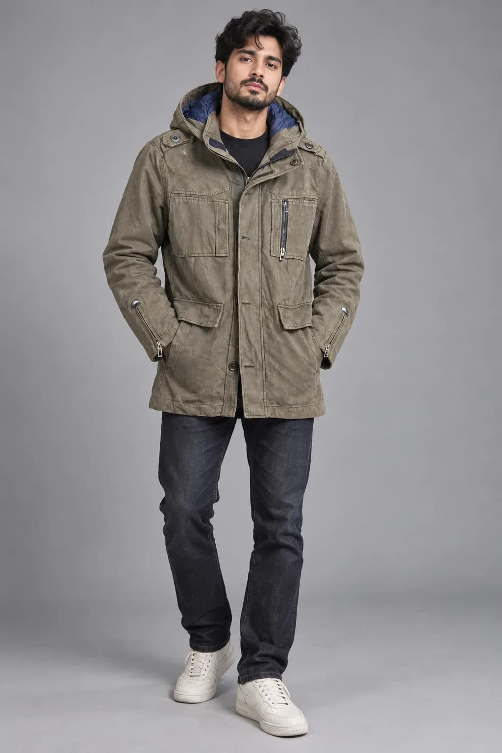 Zara Man Charcoal Taupe Hooded Parka Jacket – Cotton Outerwear
