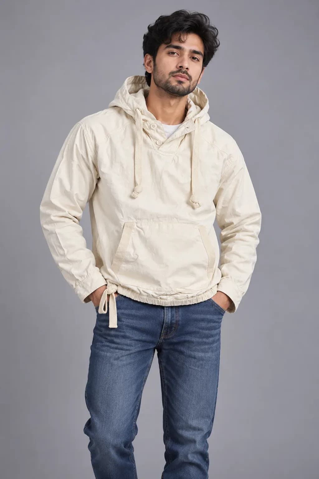 American Eagle Vintage Cream Hoodie – 100% Cotton Oversized Pullover L