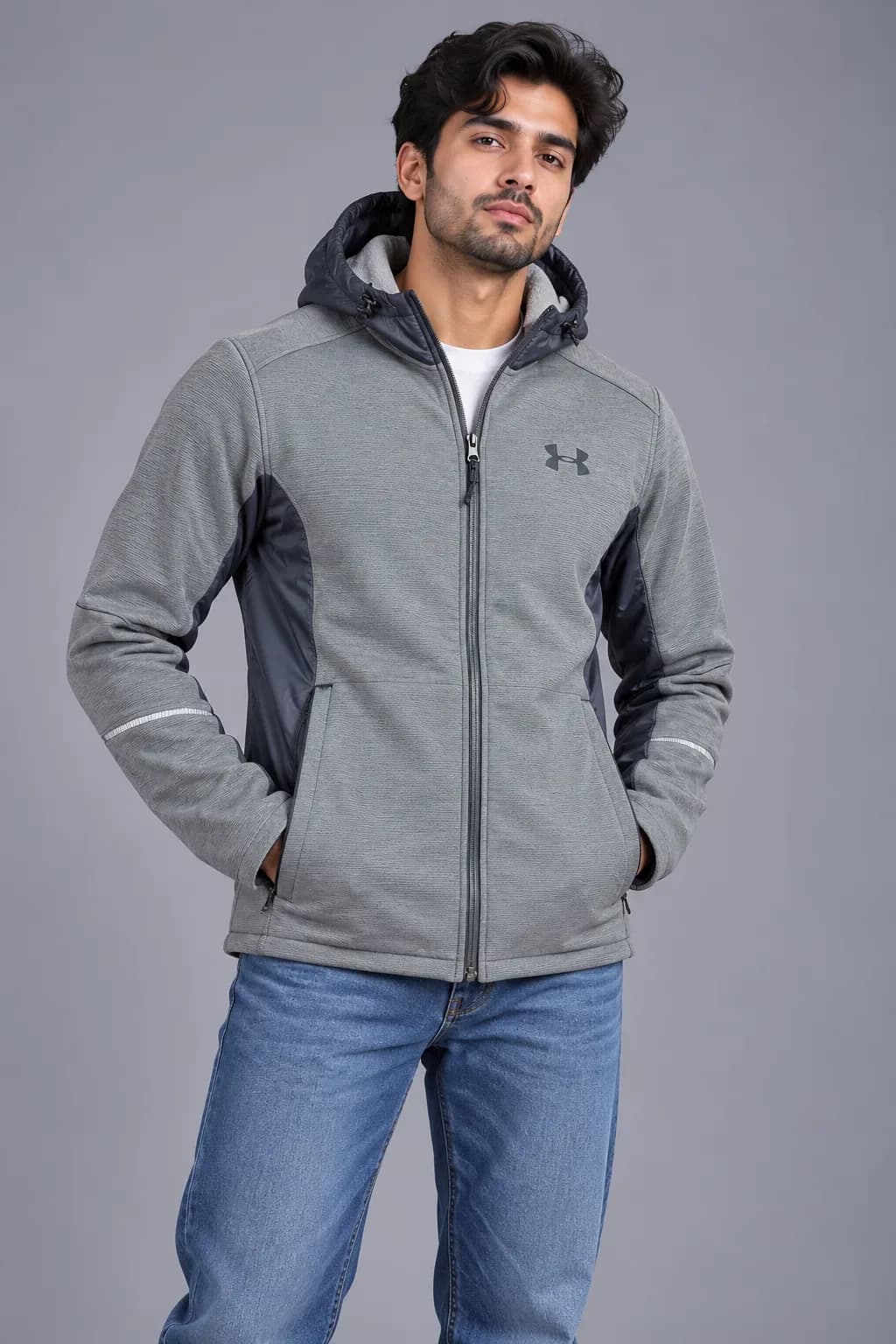 Under Armour ColdGear Grey Hooded Jacket Fleece Interior L