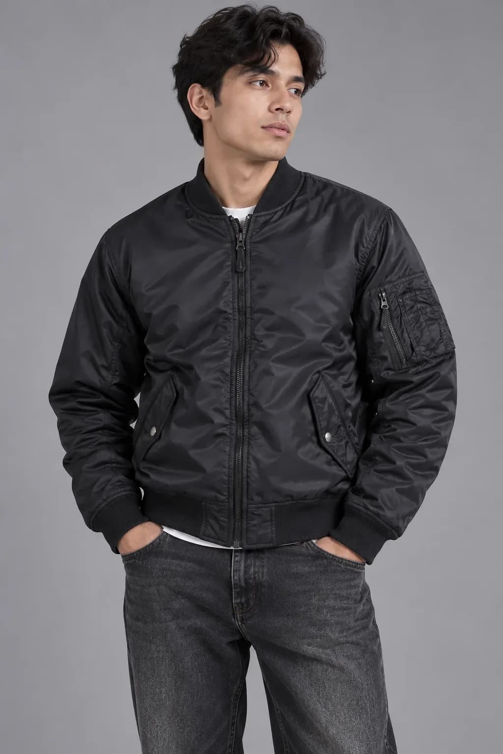 UNIQLO Black MA-1 Bomber Jacket – Utility Sleeve Pocket – Size XL