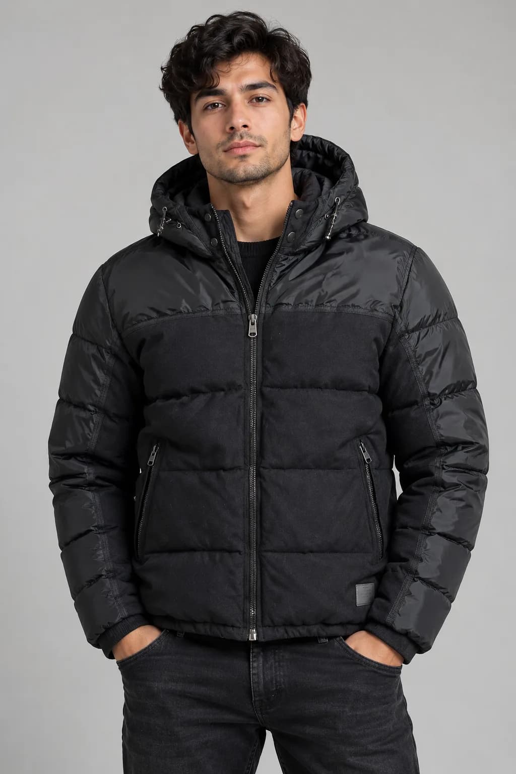 Zara Men’s Mixed Media Hooded Puffer Jacket – Black L