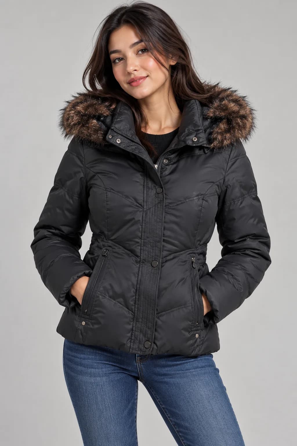 Calvin Klein Black Down Insulated Jacket with Faux Fur Hood – Women’s Winter Coat
