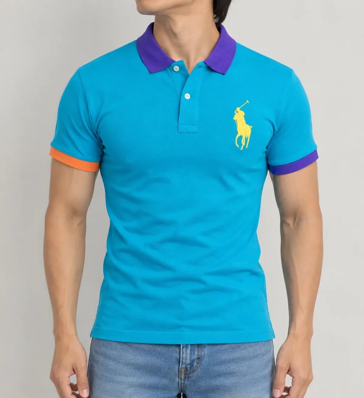Polo Ralph Lauren Big Pony Colorblock Mesh Polo Shirt – Turquoise Blue / Purple / Orange (XL)
