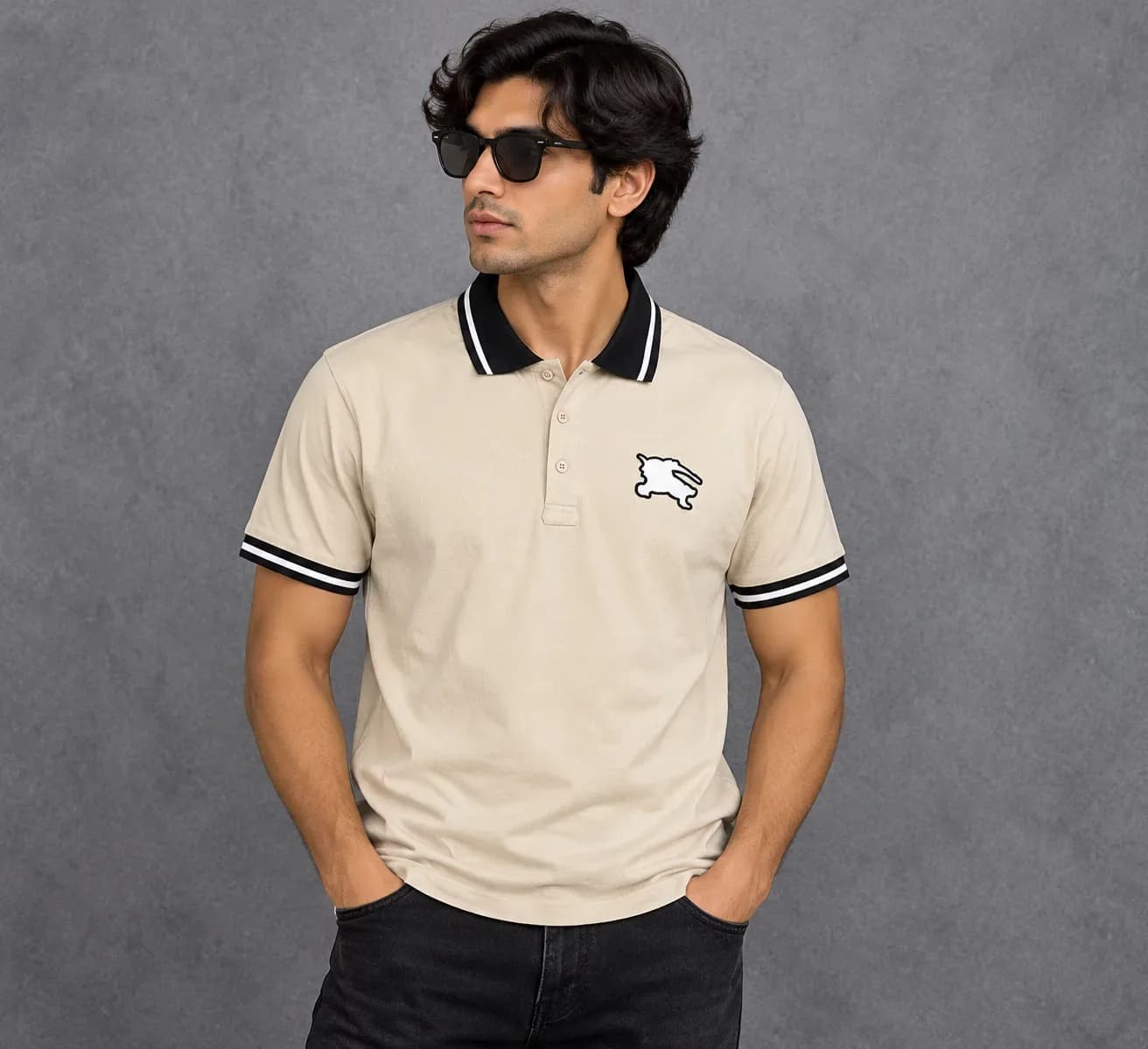 Burberry Prorsum Tipped Collar Equestrian Knight Logo Polo Shirt – Beige / Tan