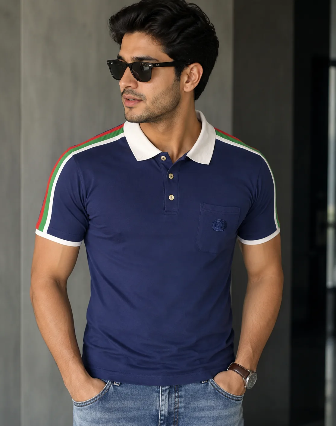 Gucci Web Stripe Polo Shirt Navy Blue XL Made in Italy Designer Luxury Polo