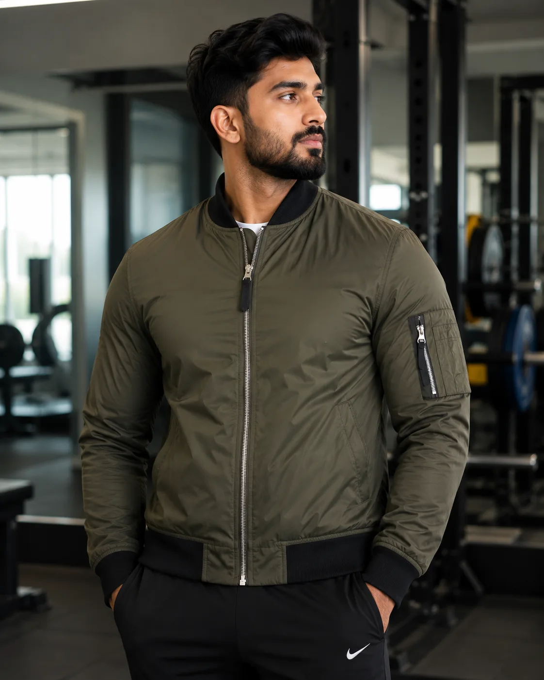 Zara Man Olive Green Quilted Bomber Jacket | L