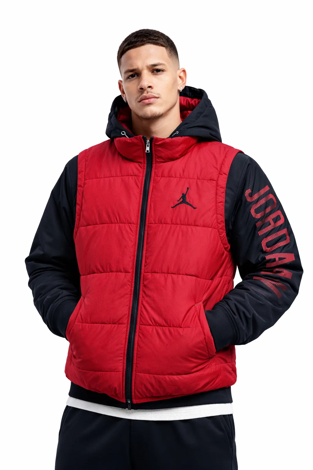 Jordan Red Black Hooded Puffer Jacket | Thermo-Fit | Size M