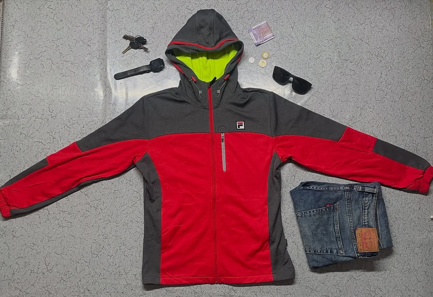 Fila Men's Full-zip Quilted Fleece Hoodie Grey Red-m
