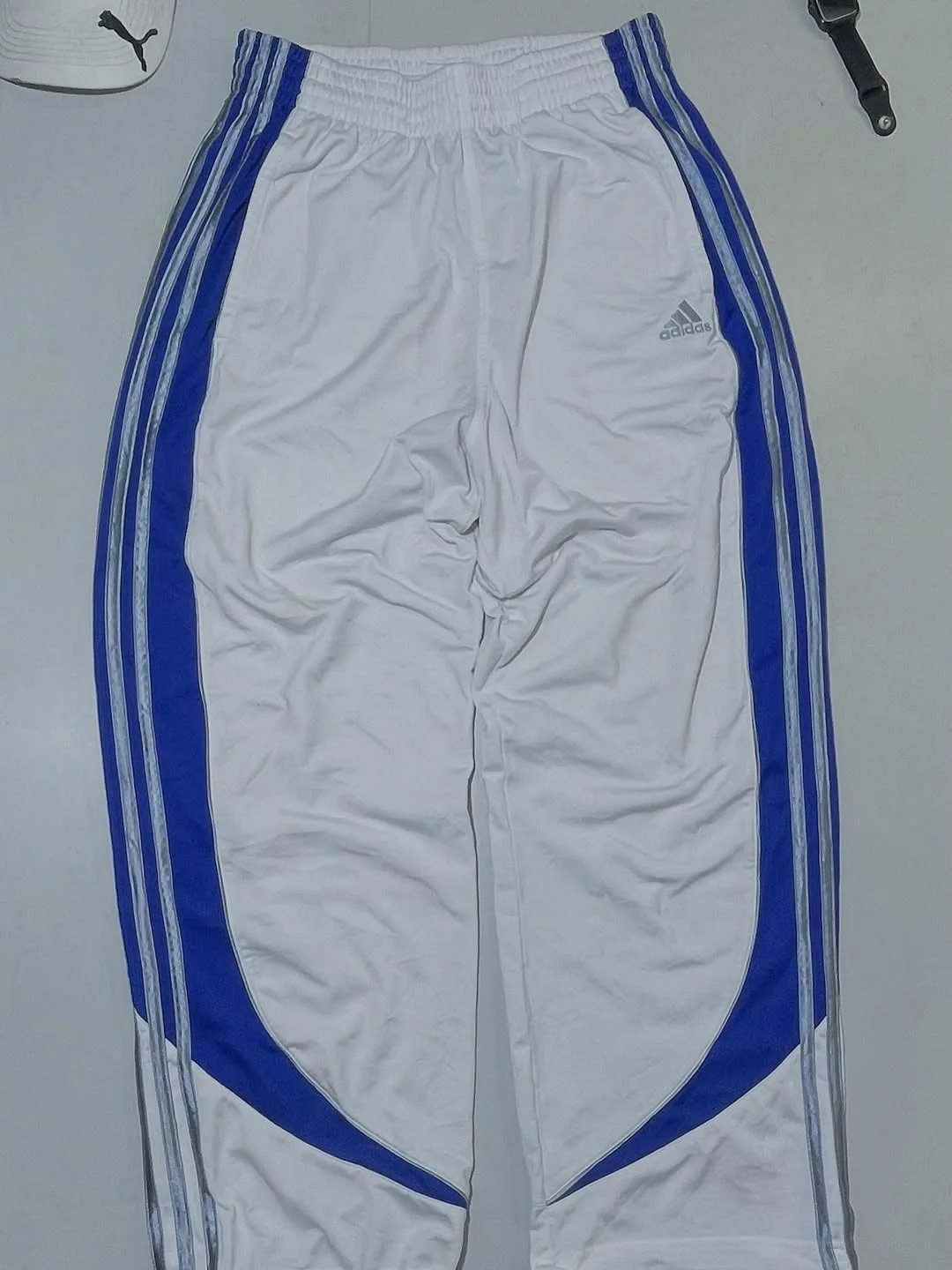Adidas white with blue strips track pant size M