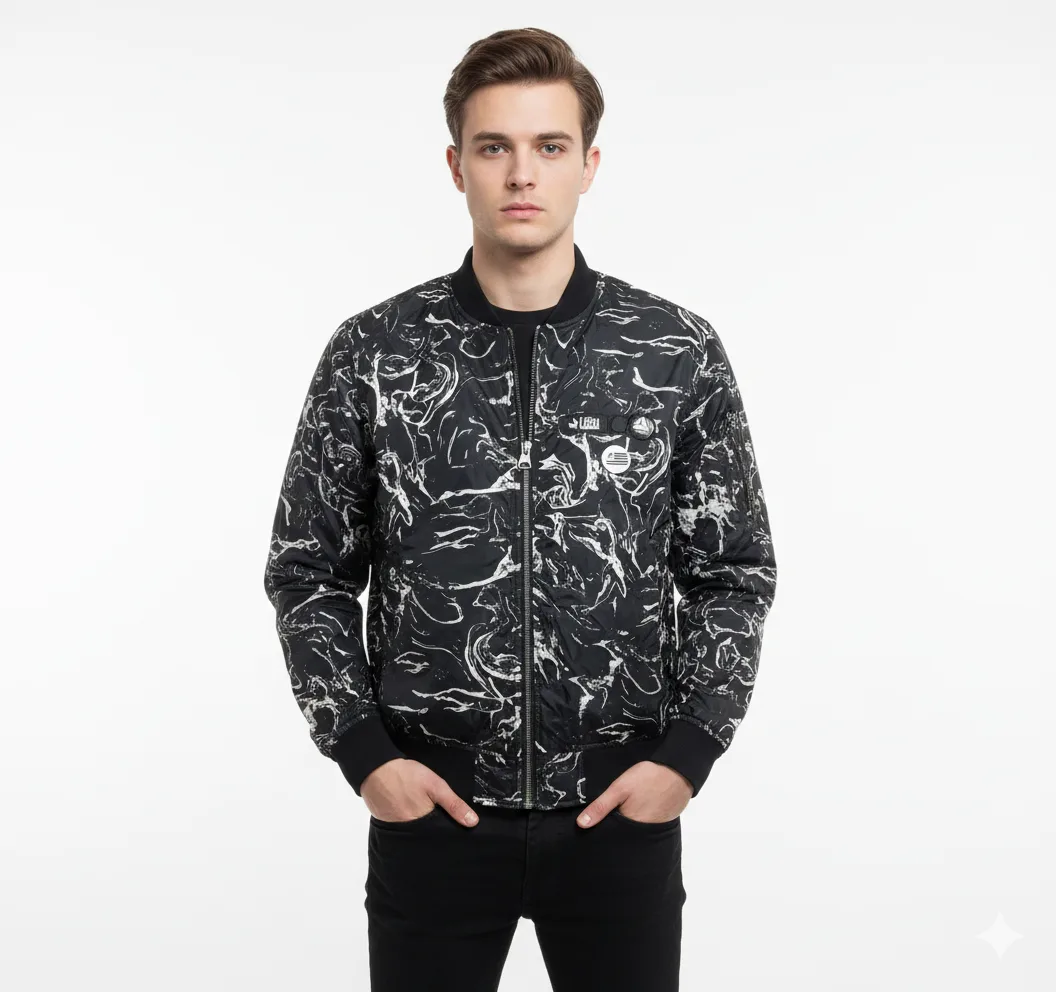 Guess Marble Print Bomber Black White Lightweight L