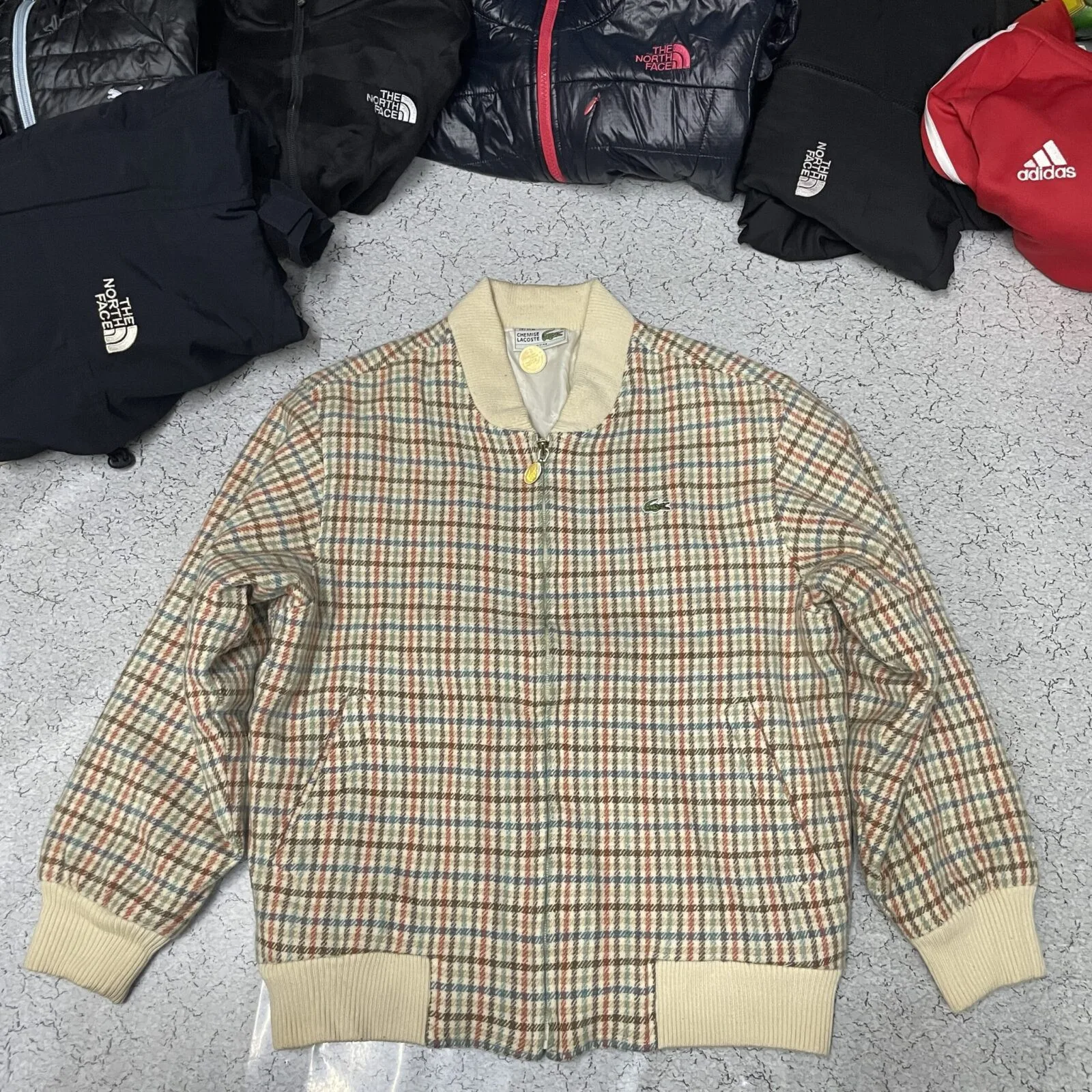 Vintage Lacoste reversible tweed bomber jacket.