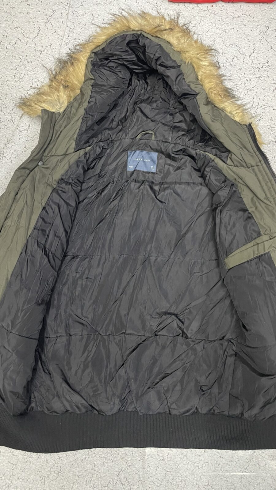 ZARA Man Olive Green Hooded Bomber  Faux Fur | Warm Winter Jacket M