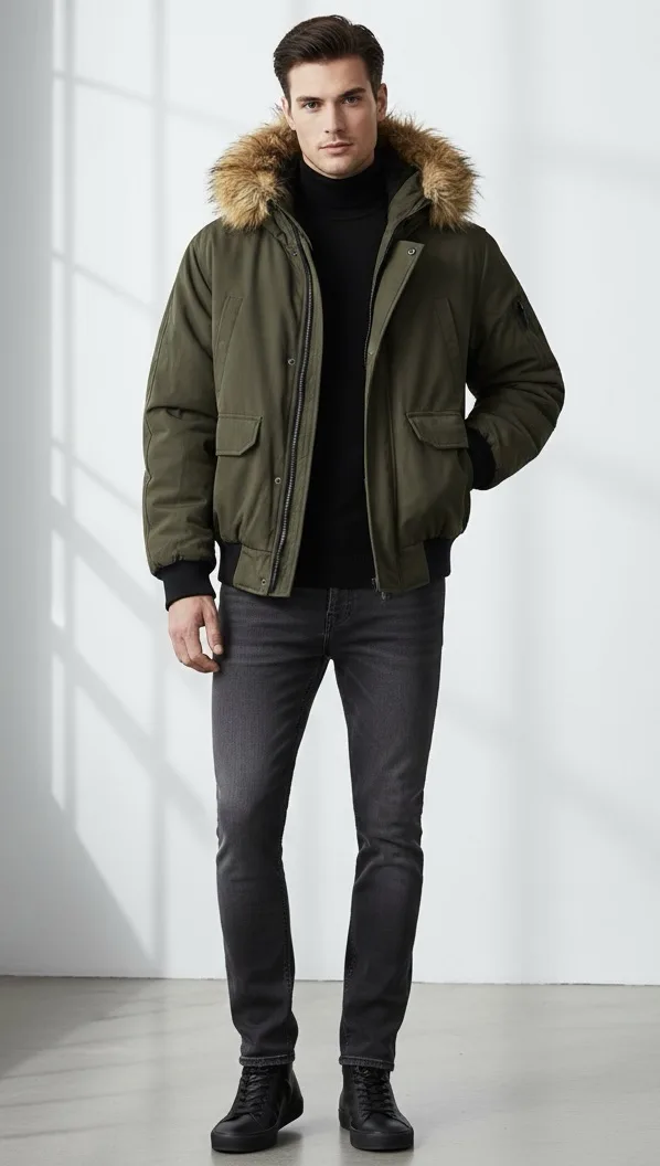 ZARA Man Olive Green Hooded Bomber  Faux Fur | Warm Winter Jacket M
