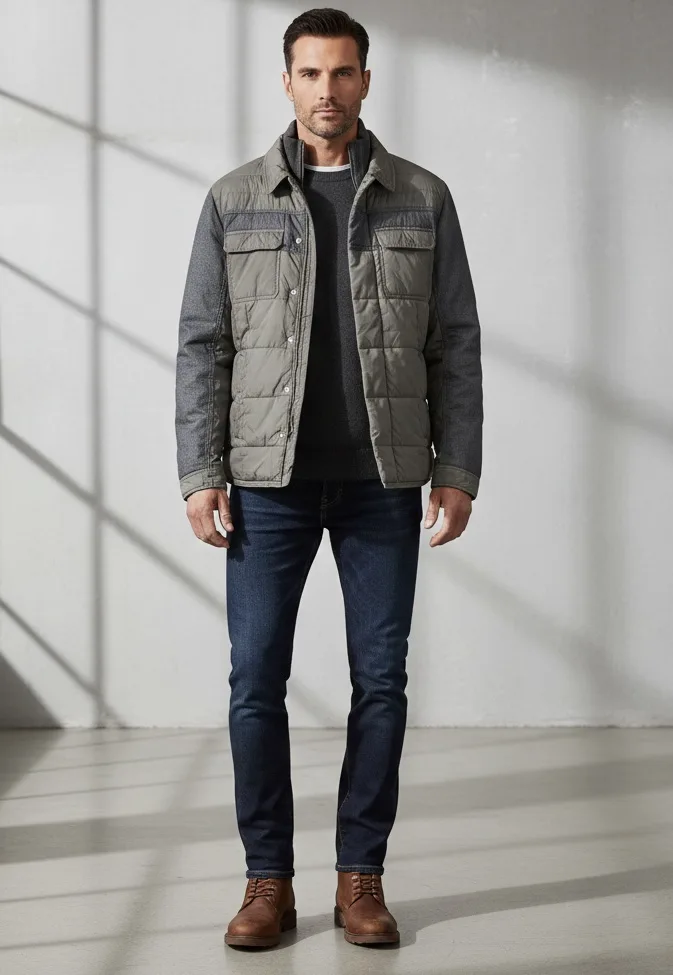 Zara Man Quilted Hybrid Contrast Wool Sleeve Shoulder Warm Xl