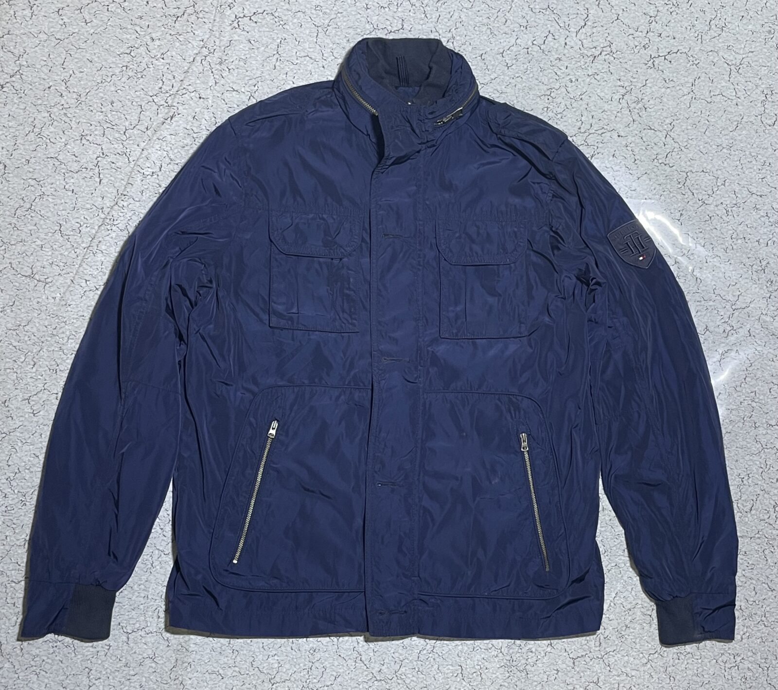 Tommy Hilfiger Navy Blue Military Style Jacket – Size L Logo Pate