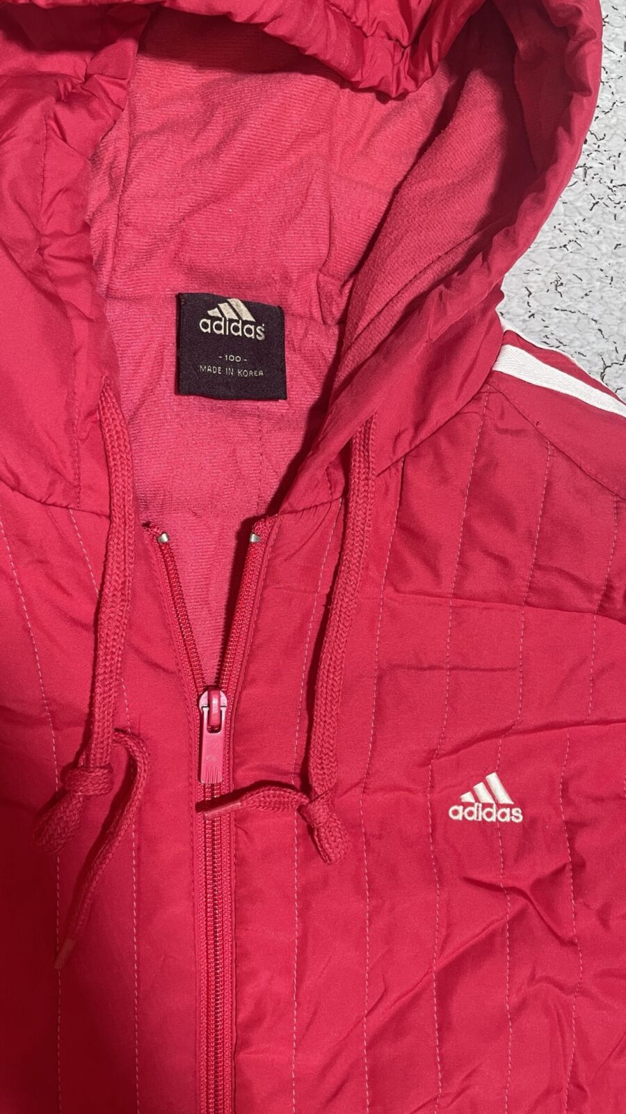 Adidas Red Quilted Hooded Jacket with 3-Stripes – Size 100 (L)
