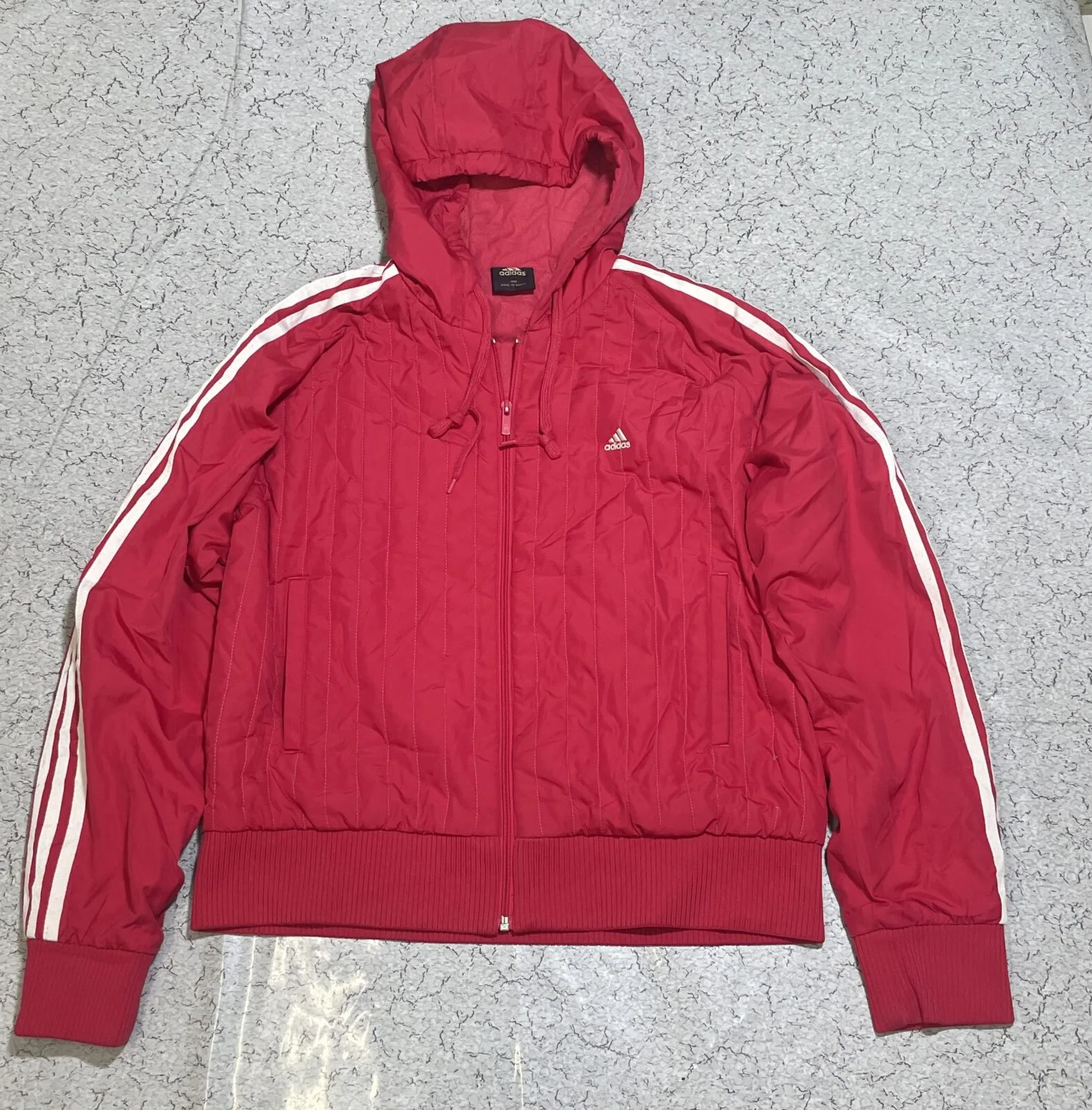 Adidas Red Quilted Hooded Jacket with 3-Stripes – Size 100 (L)