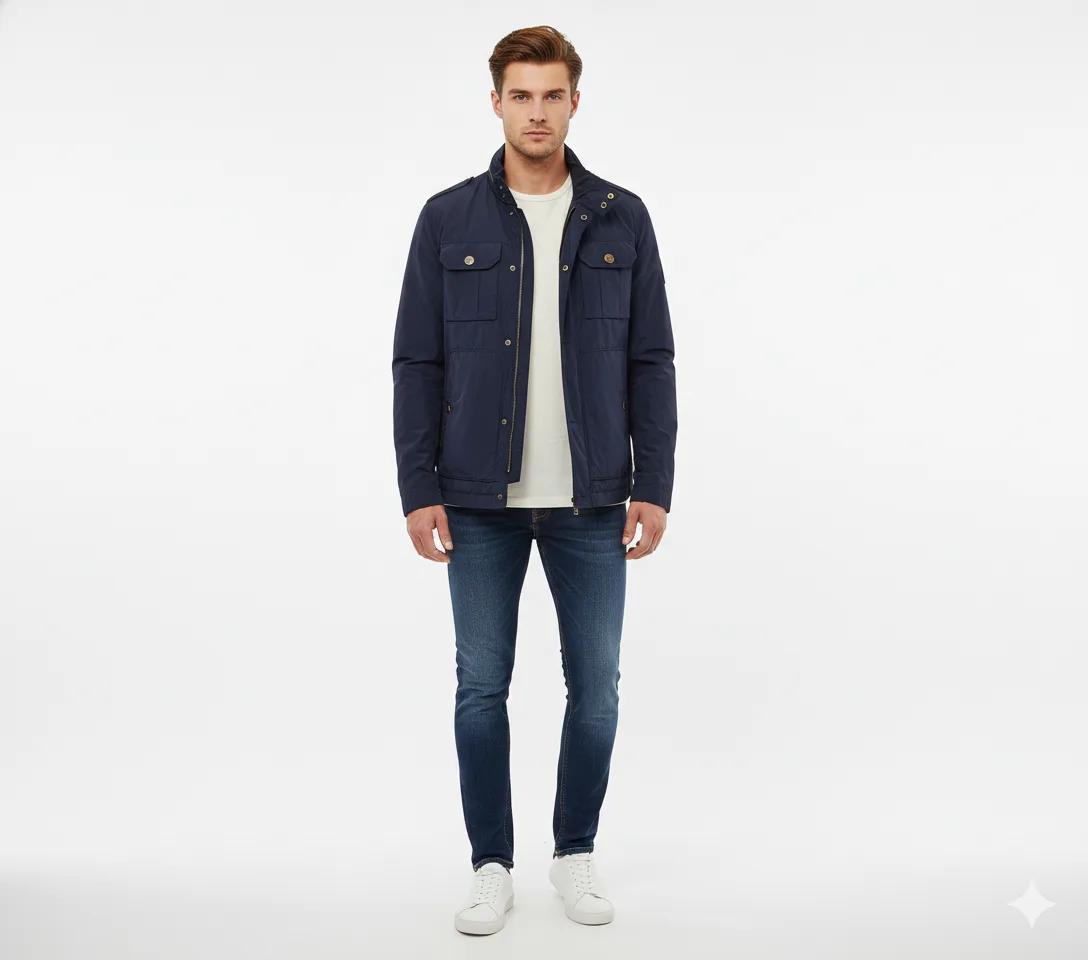 Tommy Hilfiger Navy Blue Military Style Jacket – Size L Logo Pate