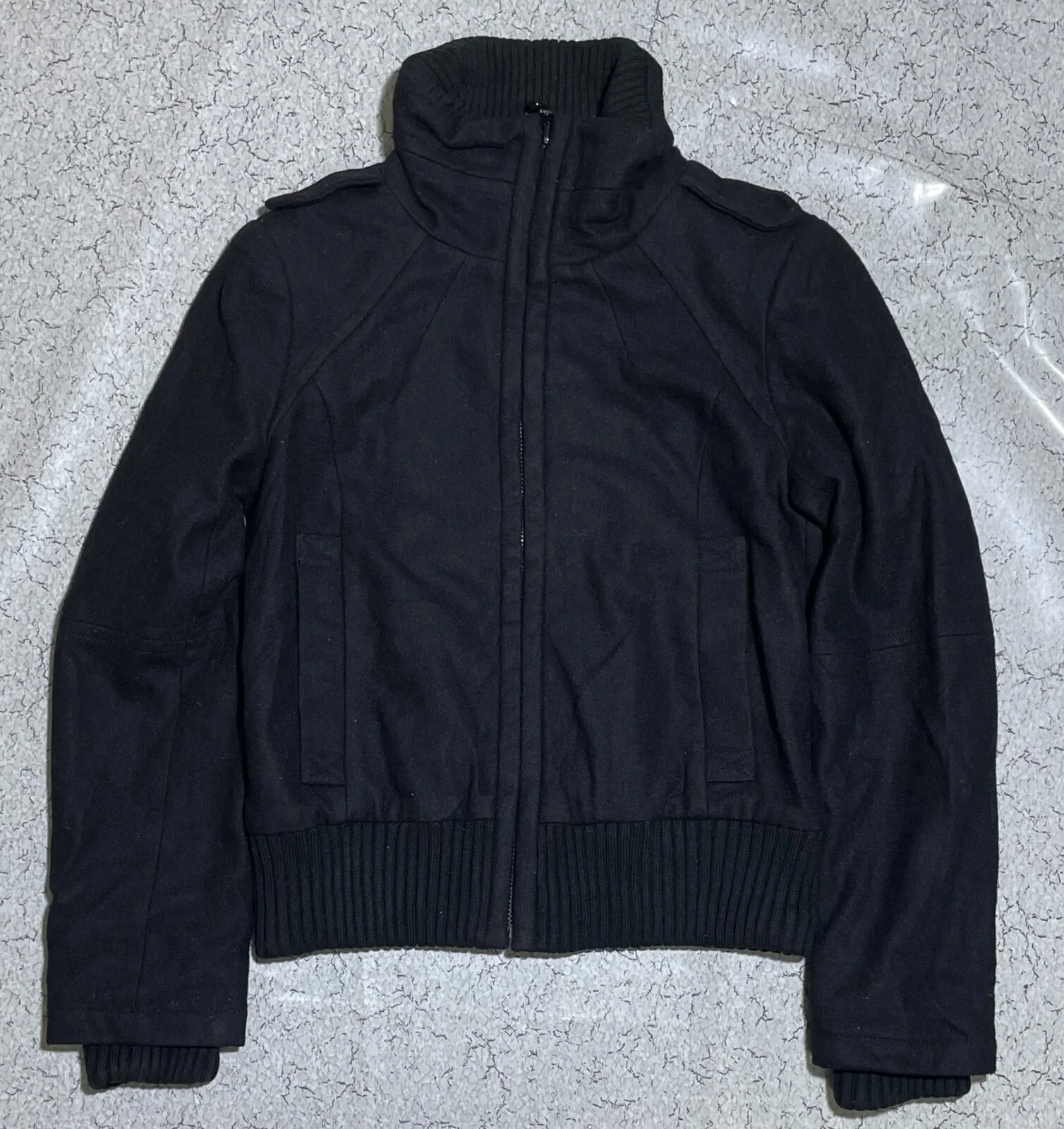 Zara Basic Women’s Black Wool Blend Bomber Jacket High Neck Winter S