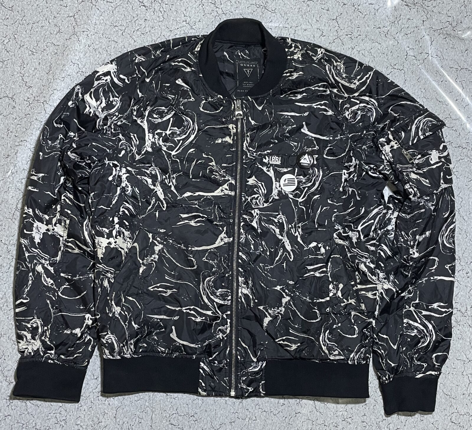 Guess Marble Print Bomber Black White Lightweight L
