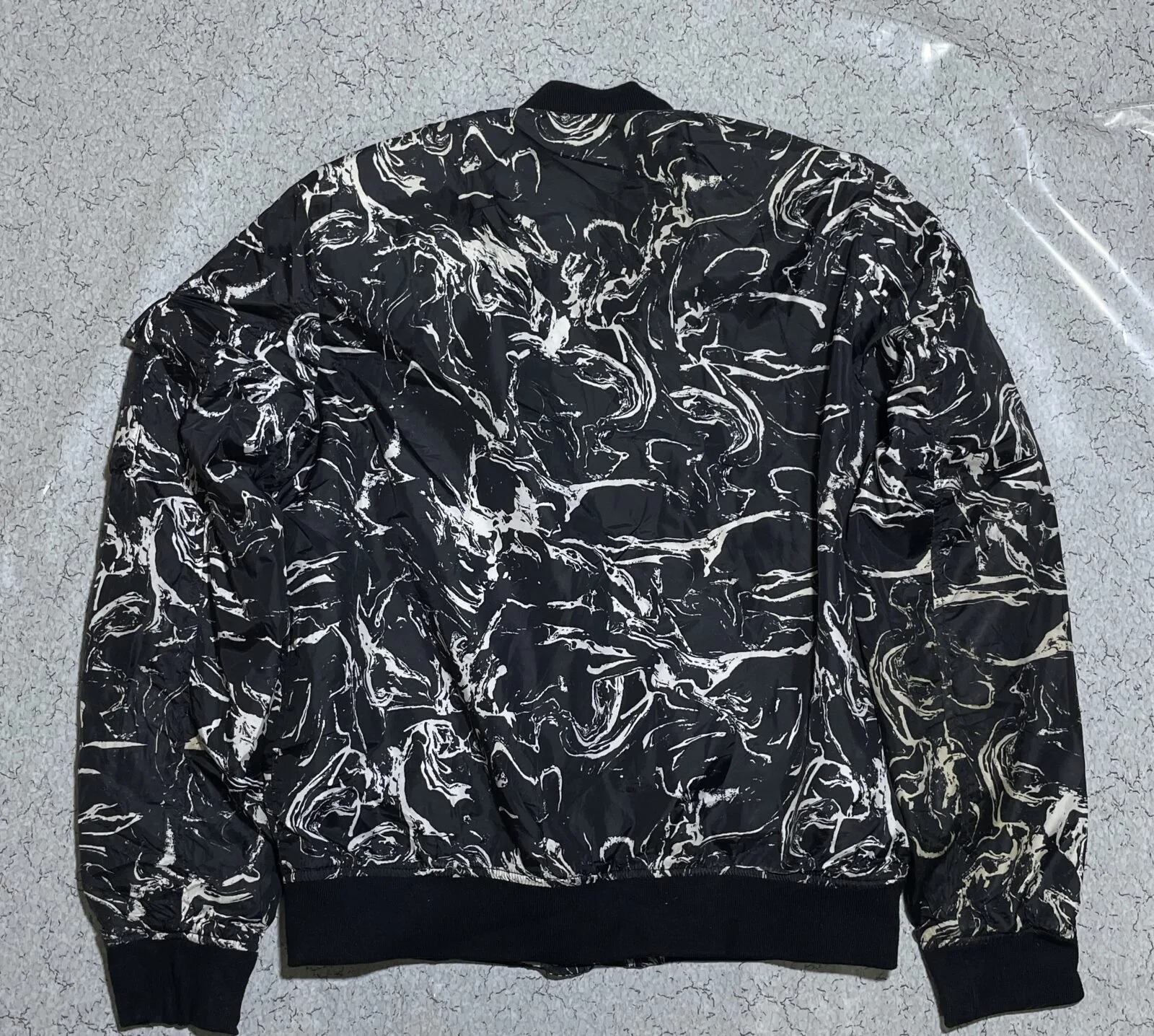 Guess Marble Print Bomber Black White Lightweight L