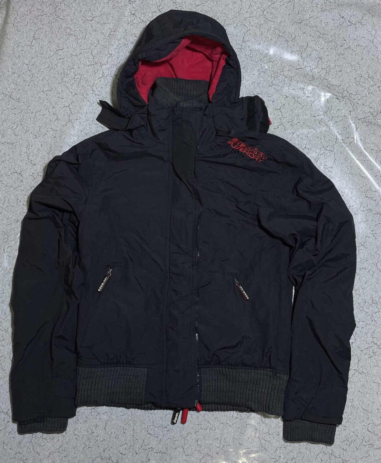 Superdry Windbomber Black Red  Hooded Winter Jacket M