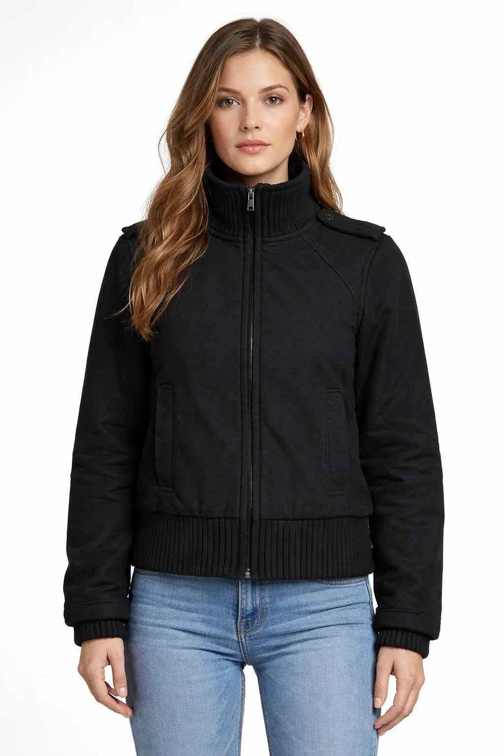Zara Basic Women’s Black Wool Blend Bomber Jacket High Neck Winter S
