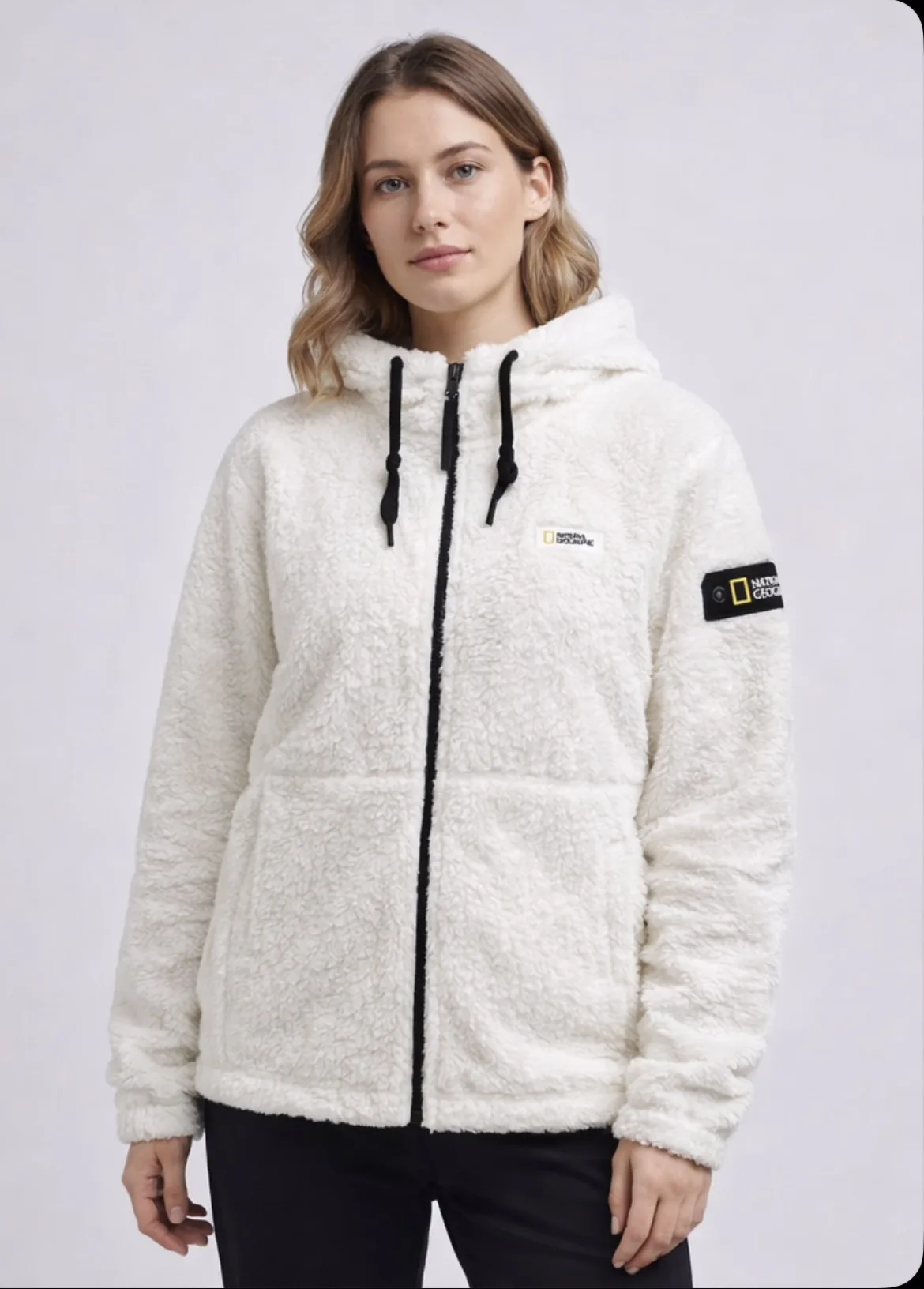 National Geographic Hooded Fleece Winter Jacket White Unisex Xl