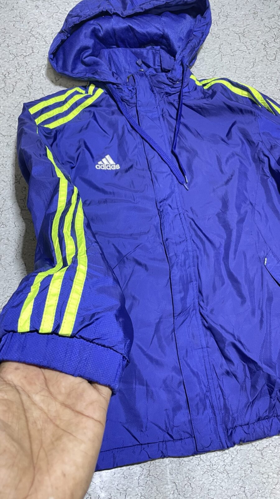 Adidas Blue Hooded Windbreaker Jacket Neon Green 3-Stripes  M