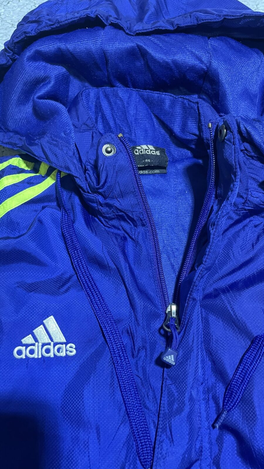Adidas Blue Hooded Windbreaker Jacket Neon Green 3-Stripes  M