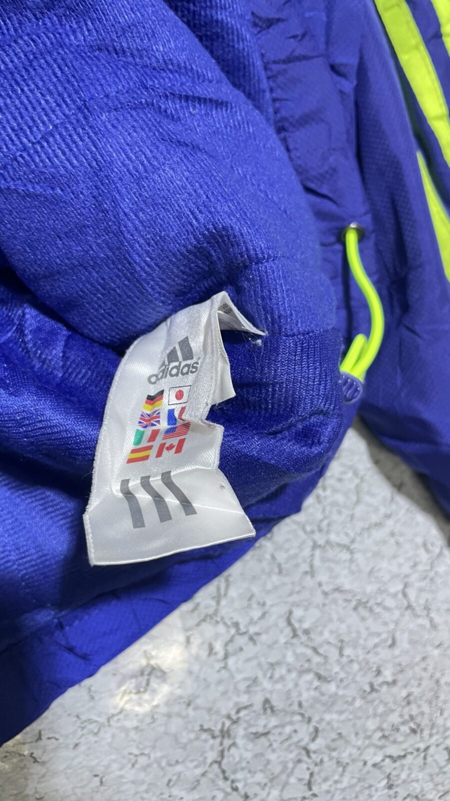 Adidas Blue Hooded Windbreaker Jacket Neon Green 3-Stripes  M