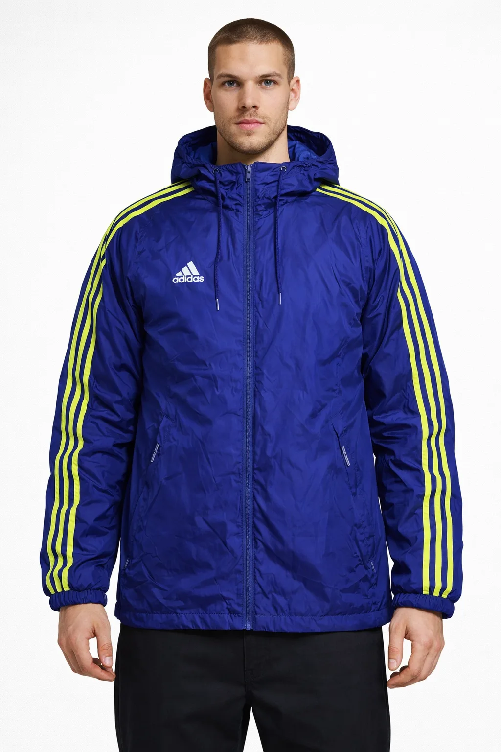 Adidas Blue Hooded Windbreaker Jacket Neon Green 3-Stripes  M