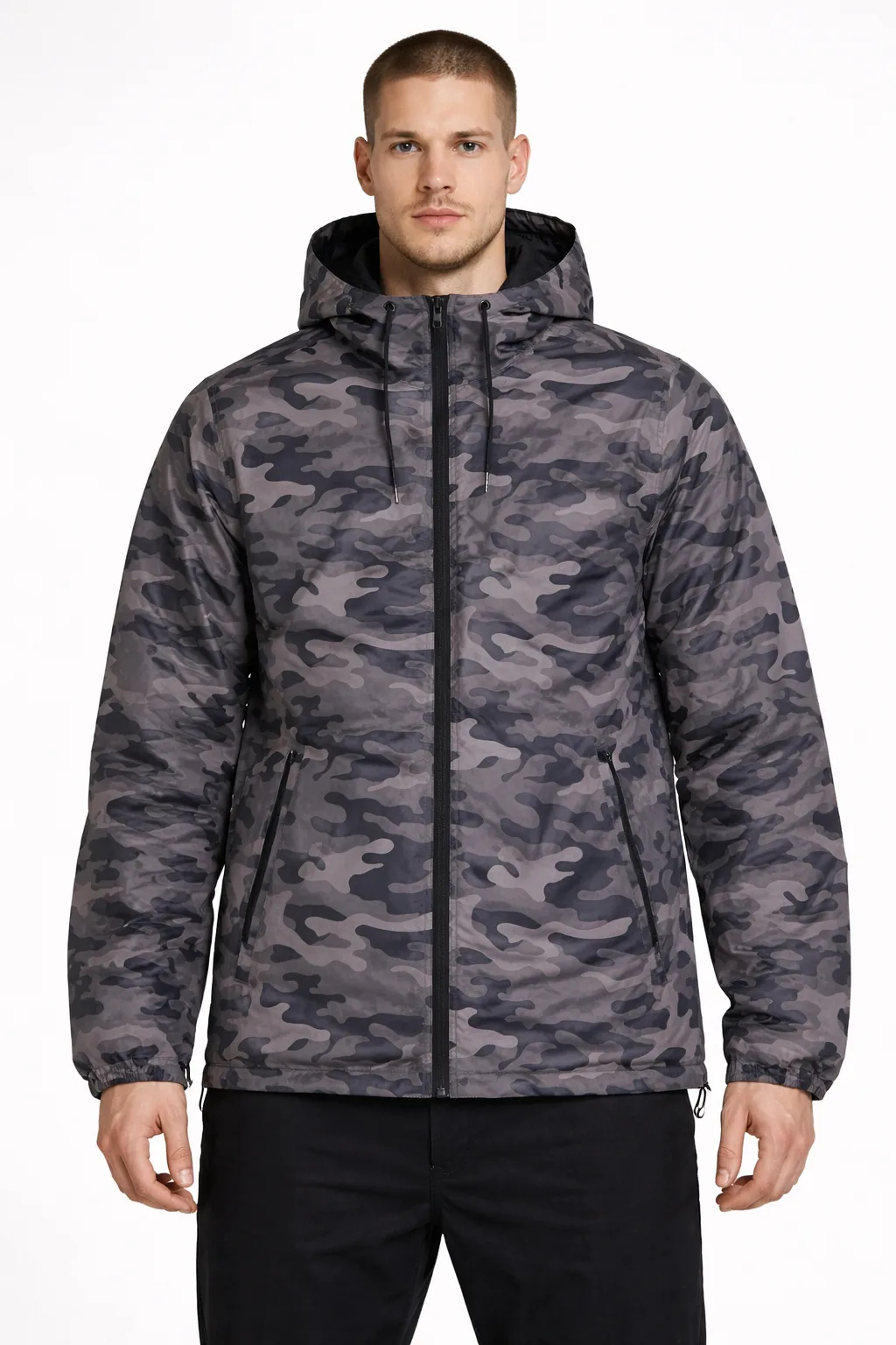 Zara Man Grey Camouflage Hooded Jacket Slim Fit Men’s Winter Wear Xl