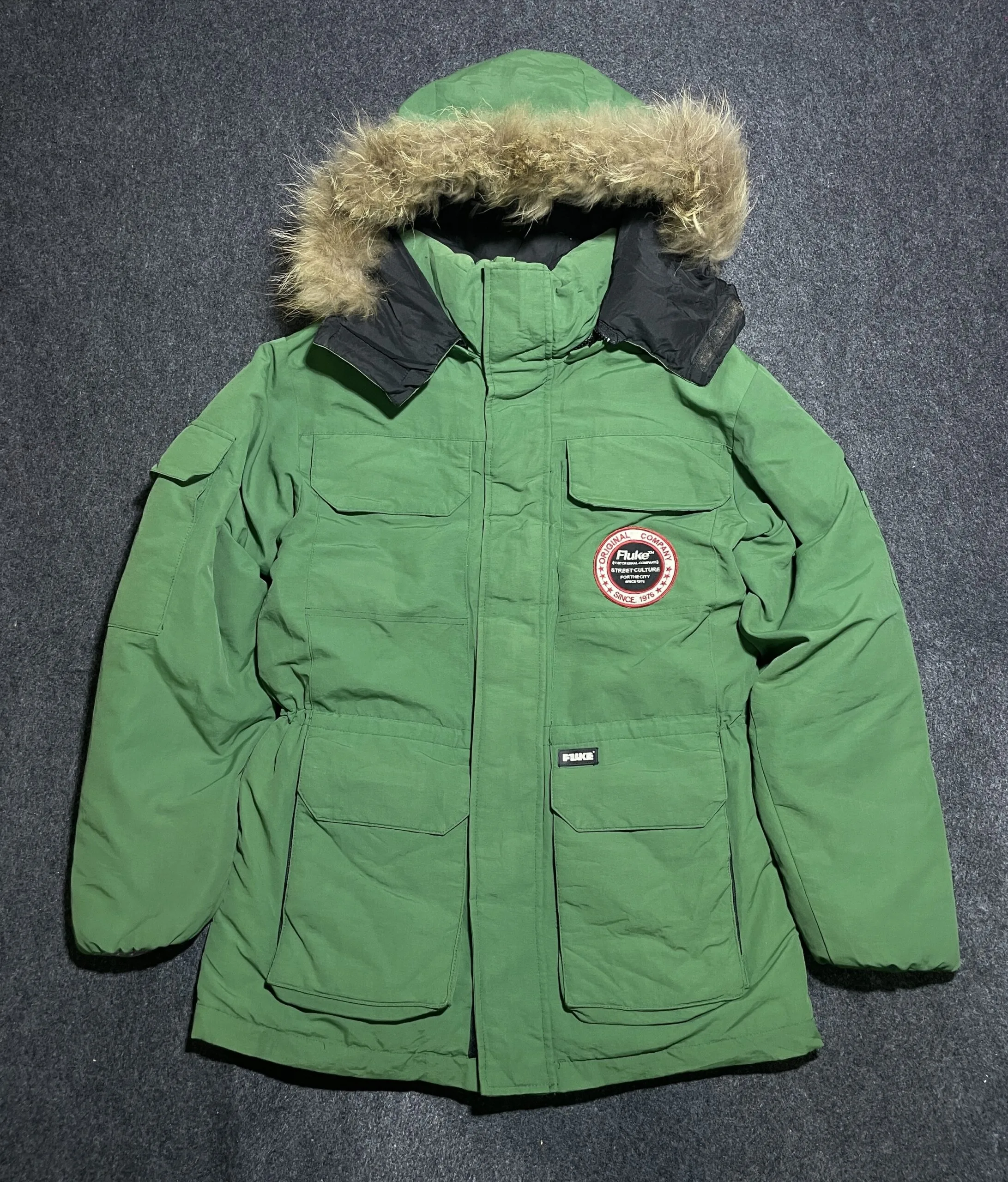 Fluke Green Fur Hood Parka Jacket Men’s | Heavy Winter L