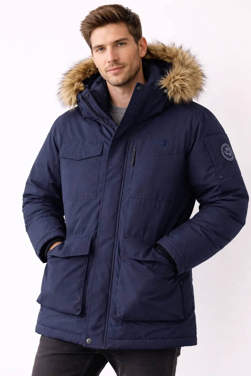 The North Face Mcmurdo Series Down Parka Jacket Navy Blue Fur Hood